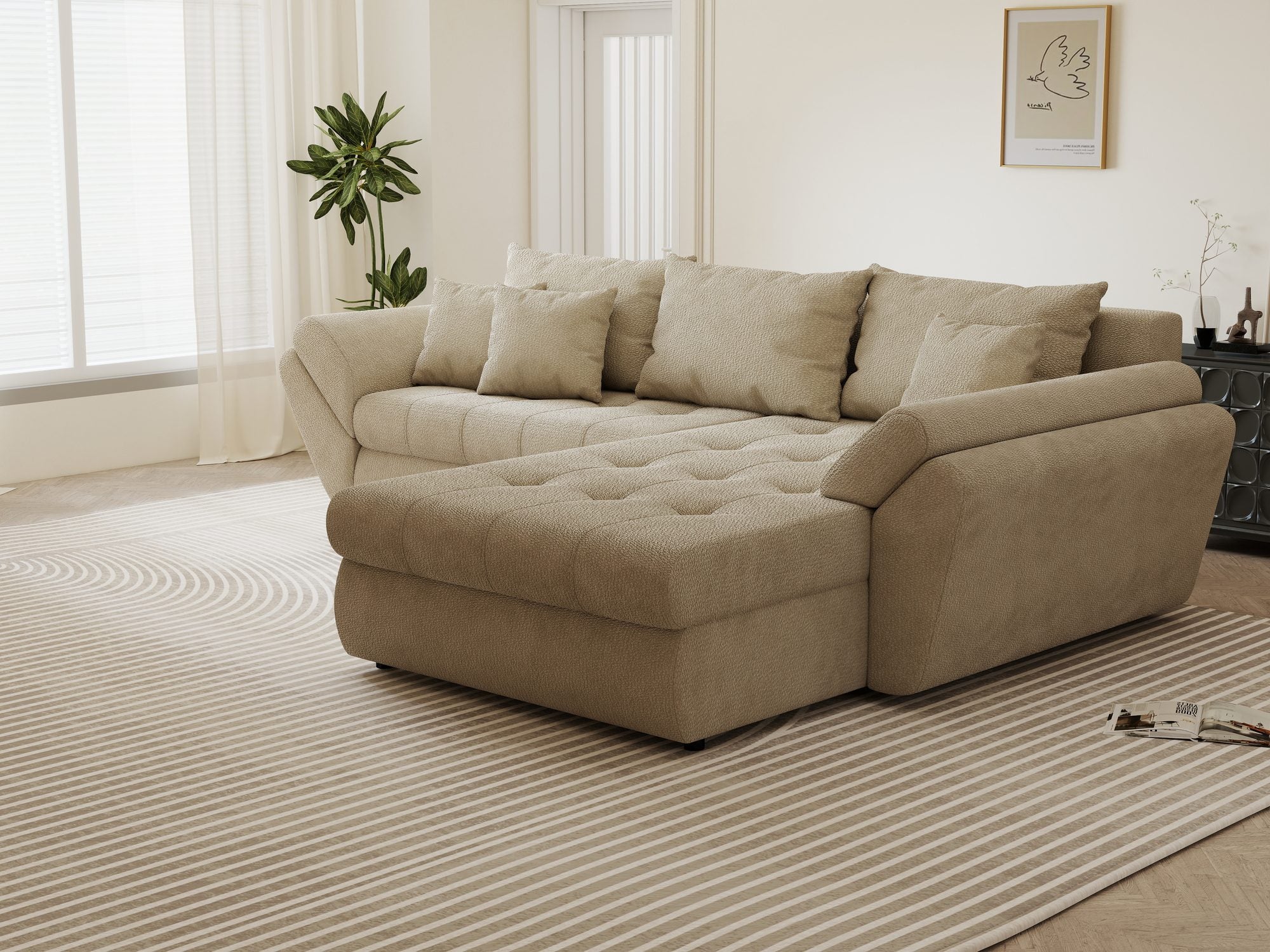 Colțar extensibil dumonde cu ladă de depozitare si sezut confortabil din spuma high-density, Loana Vibe Bej II 270x185 cm