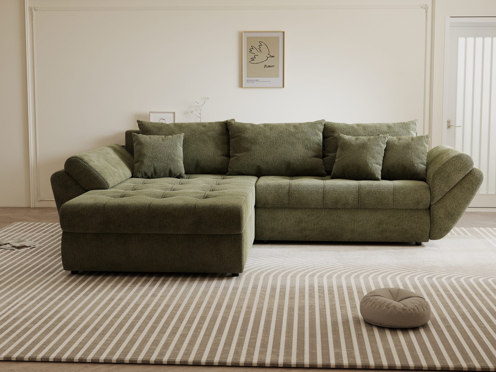 Colțar extensibil dumonde cu ladă de depozitare si sezut confortabil din spuma high-density, Loana Vibe Olive 270x185 cm