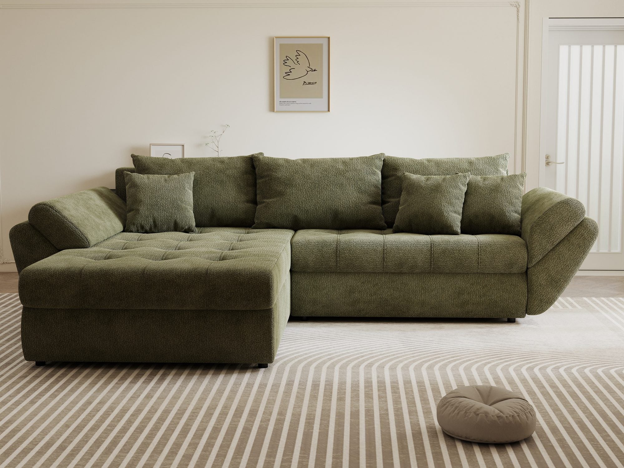 Colțar extensibil dumonde cu ladă de depozitare si sezut confortabil din spuma high-density, Loana Vibe Olive 270x185 cm