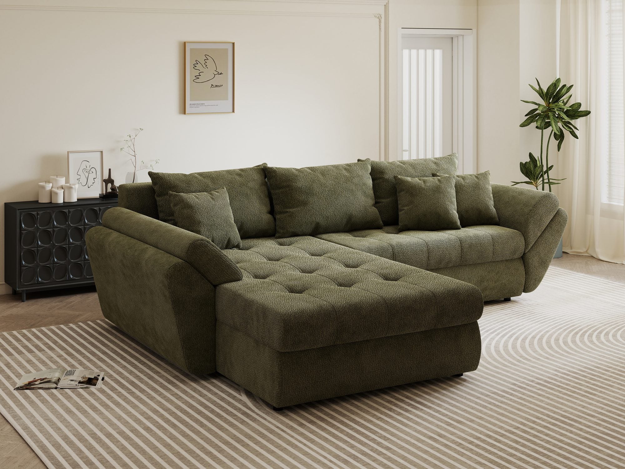 Colțar extensibil dumonde cu ladă de depozitare si sezut confortabil din spuma high-density, Loana Vibe Olive 270x185 cm