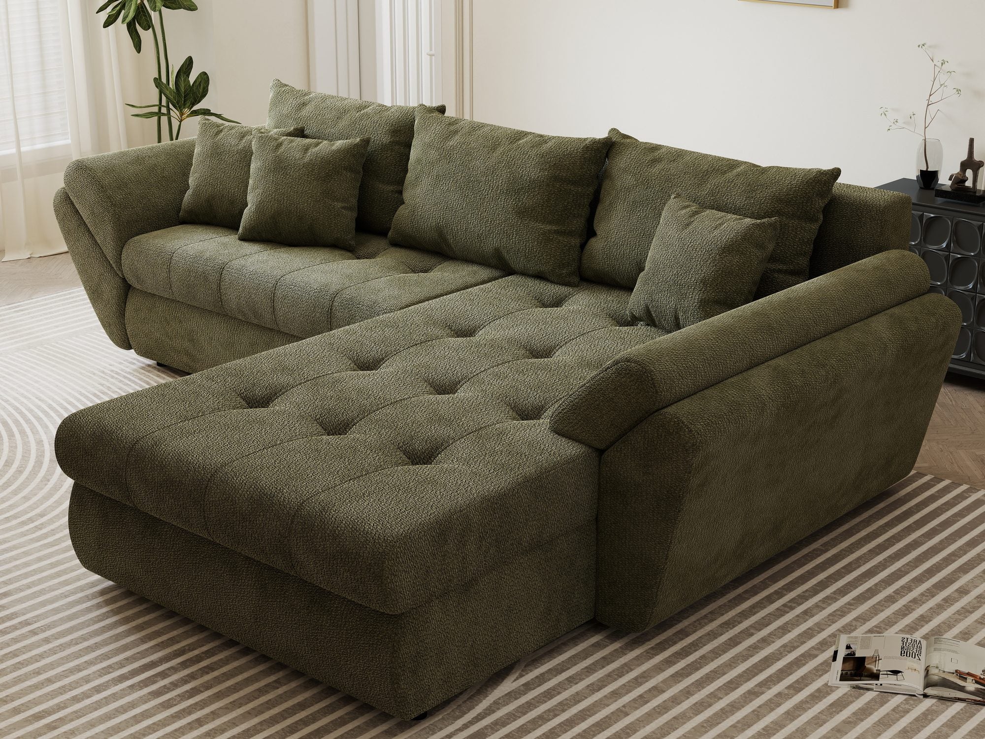 Colțar extensibil dumonde cu ladă de depozitare si sezut confortabil din spuma high-density, Loana Vibe Olive II 270x185 cm