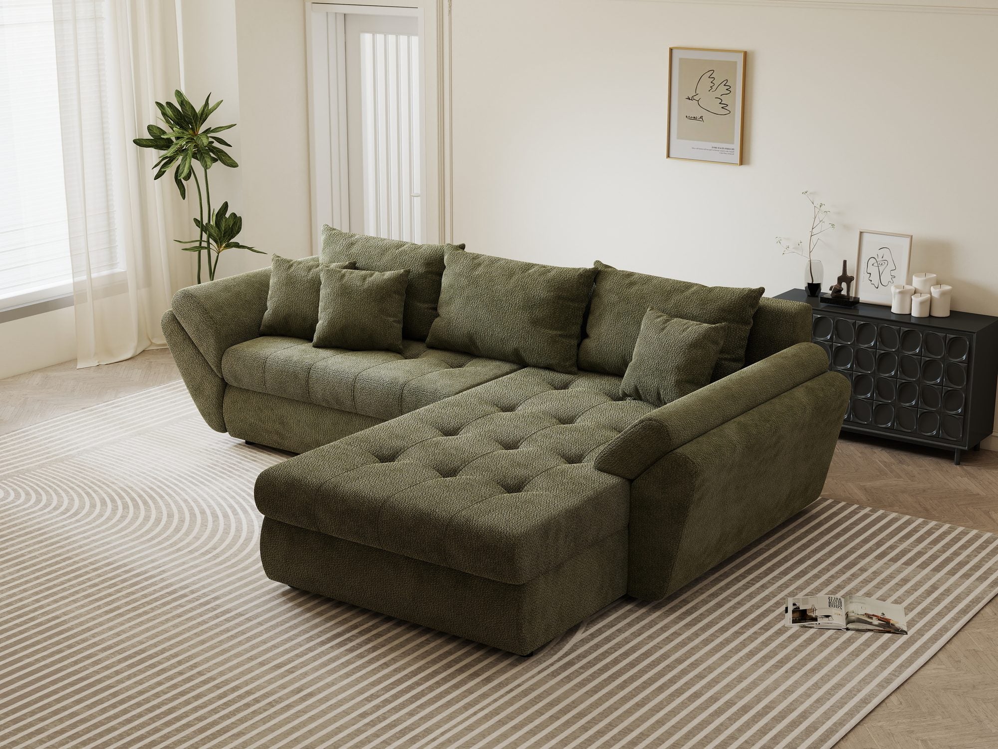 Colțar extensibil dumonde cu ladă de depozitare si sezut confortabil din spuma high-density, Loana Vibe Olive II 270x185 cm