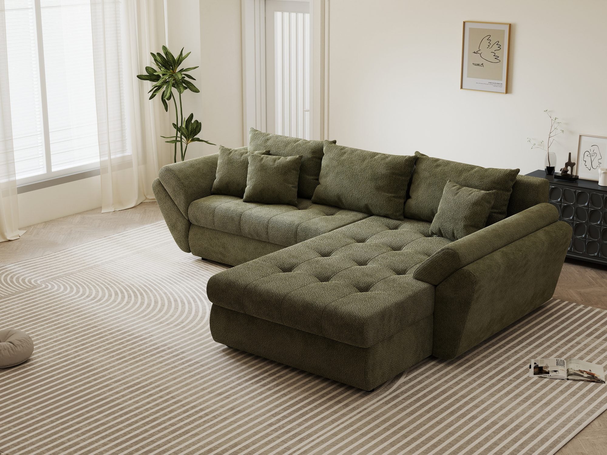 Colțar extensibil dumonde cu ladă de depozitare si sezut confortabil din spuma high-density, Loana Vibe Olive II 270x185 cm
