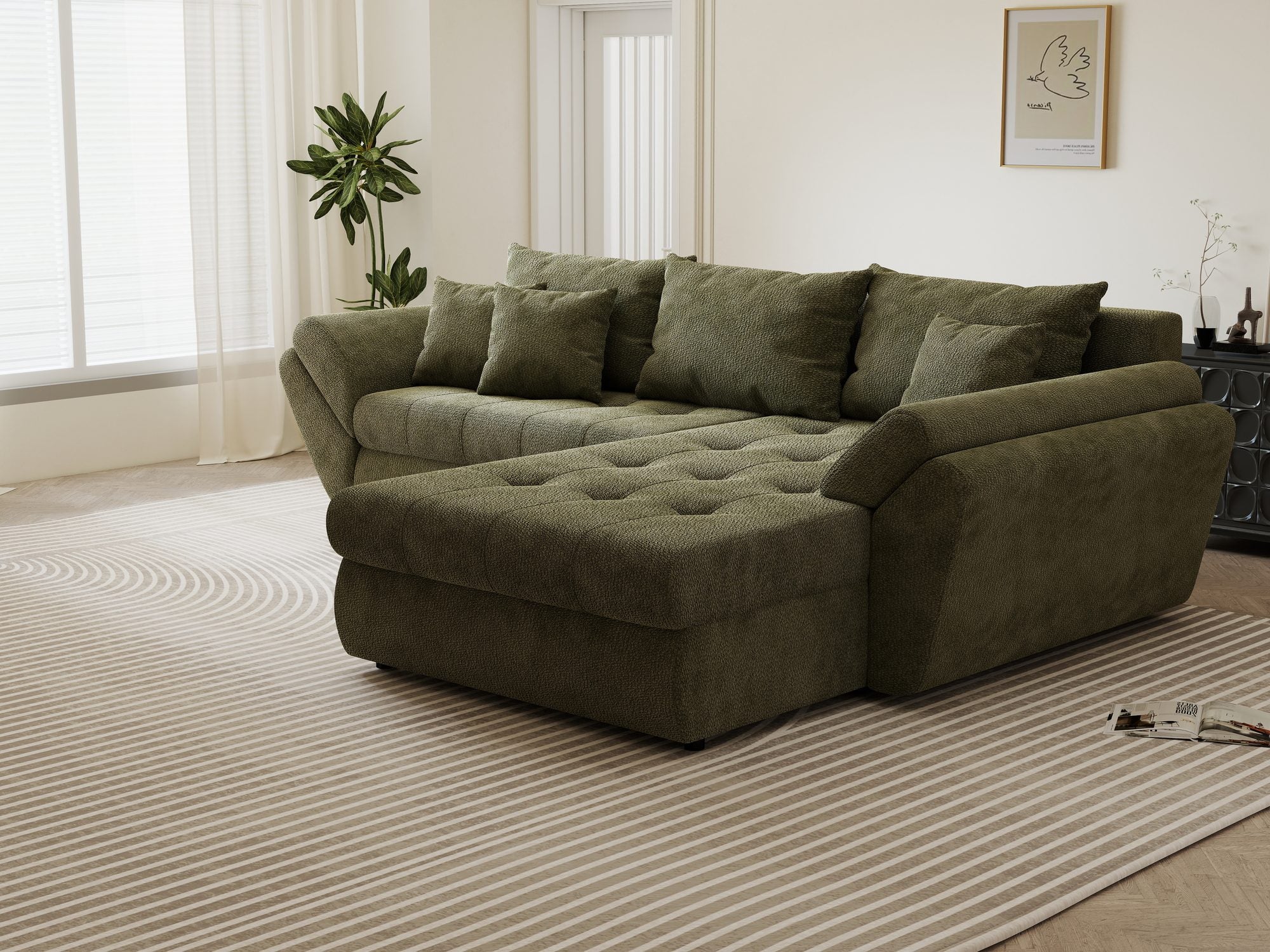 Colțar extensibil dumonde cu ladă de depozitare si sezut confortabil din spuma high-density, Loana Vibe Olive II 270x185 cm