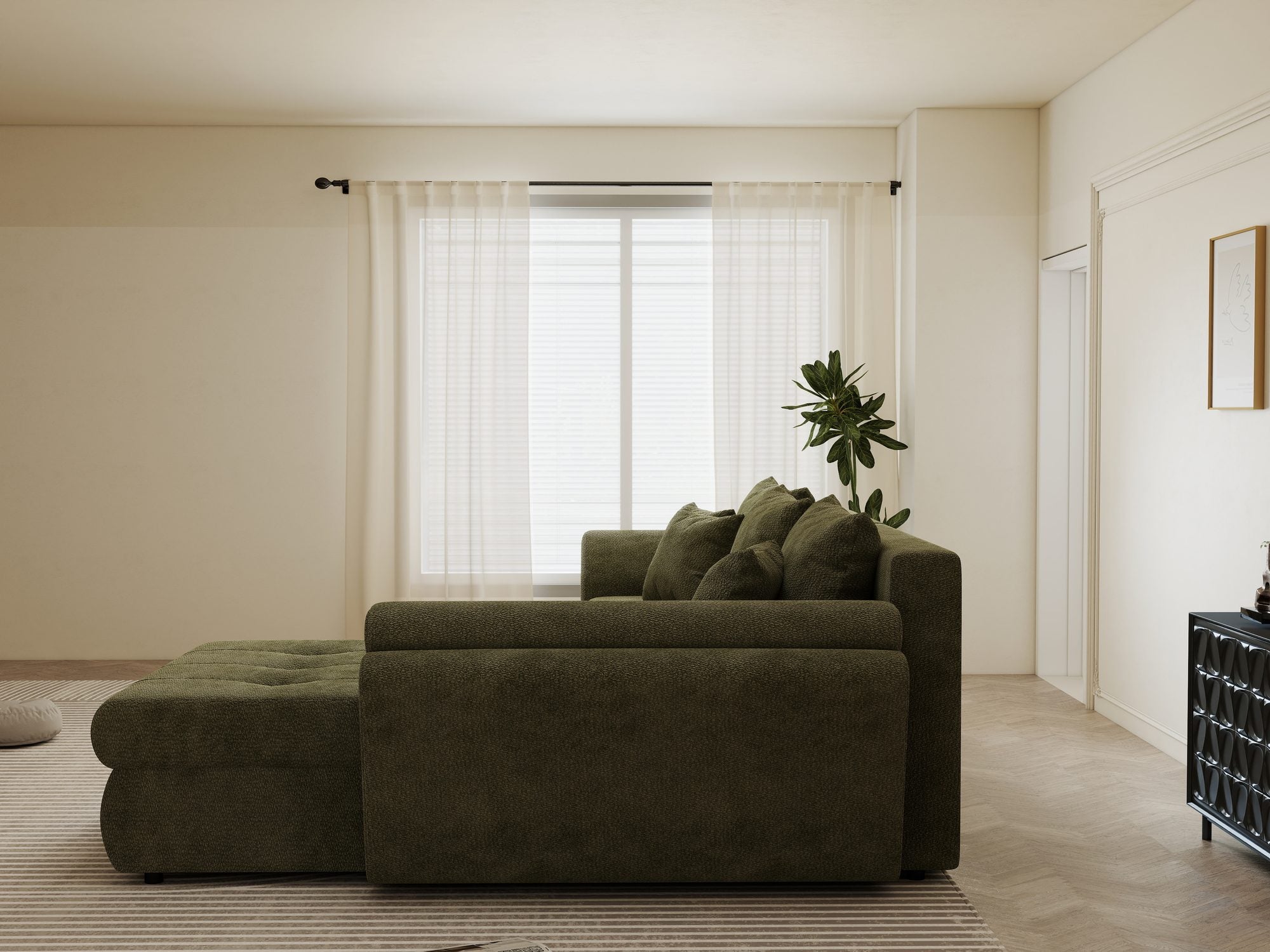 Colțar extensibil dumonde cu ladă de depozitare si sezut confortabil din spuma high-density, Loana Vibe Olive II 270x185 cm