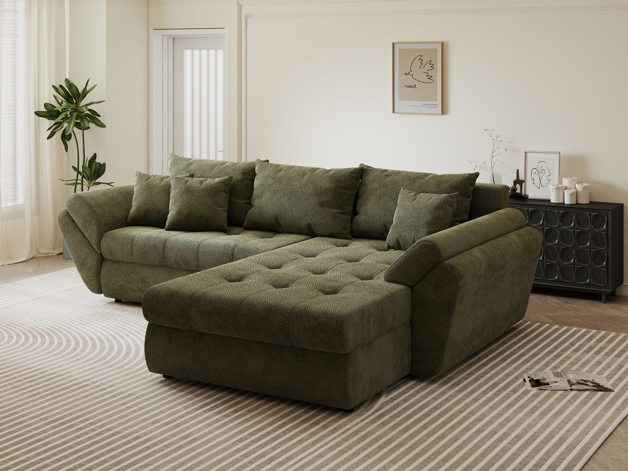 Colțar extensibil dumonde cu ladă de depozitare si sezut confortabil din spuma high-density, Loana Vibe Olive II 270x185 cm