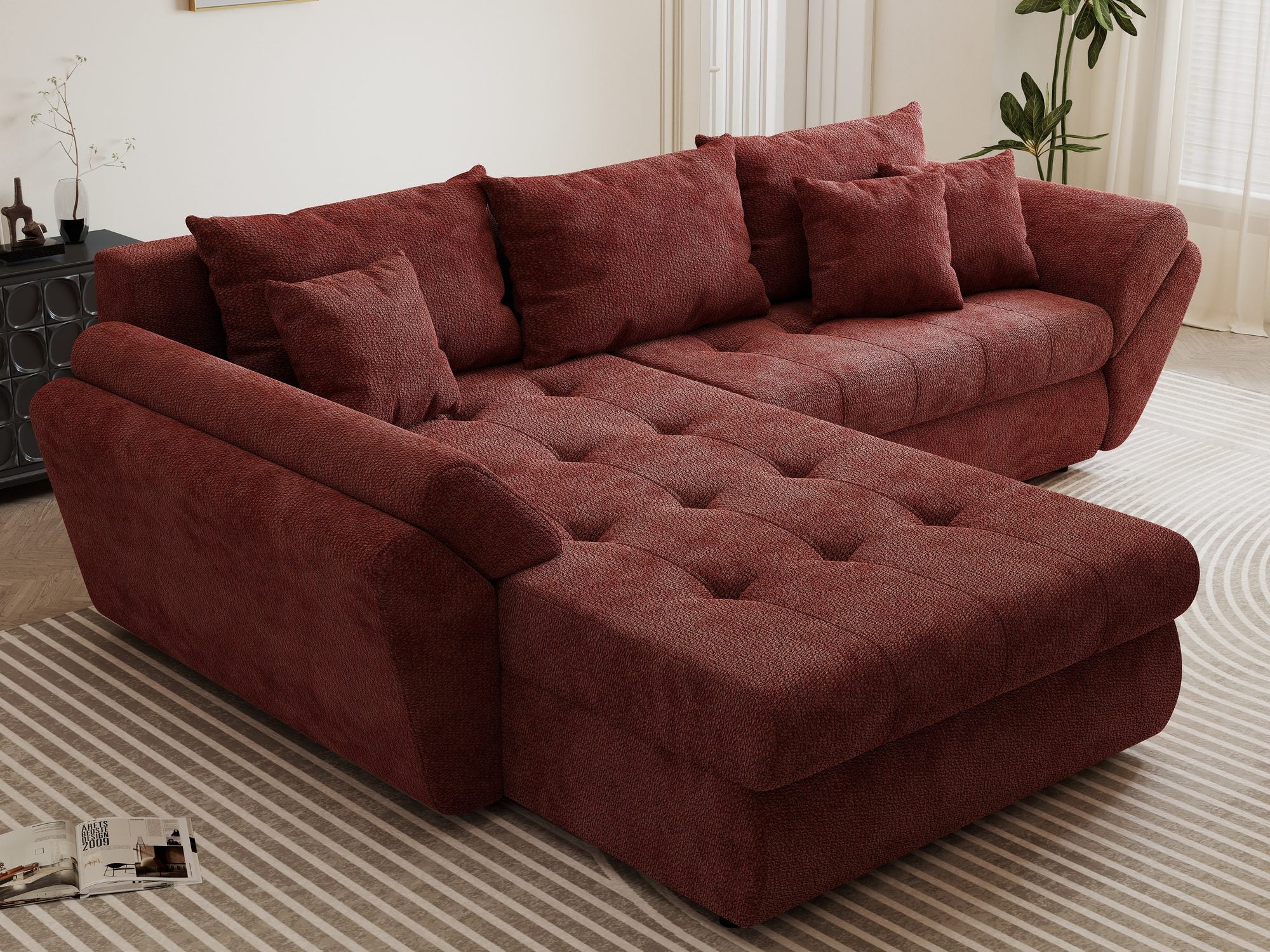 Colțar extensibil dumonde cu ladă de depozitare si sezut confortabil din spuma high-density, Loana Vibe Rosu 270x185 cm