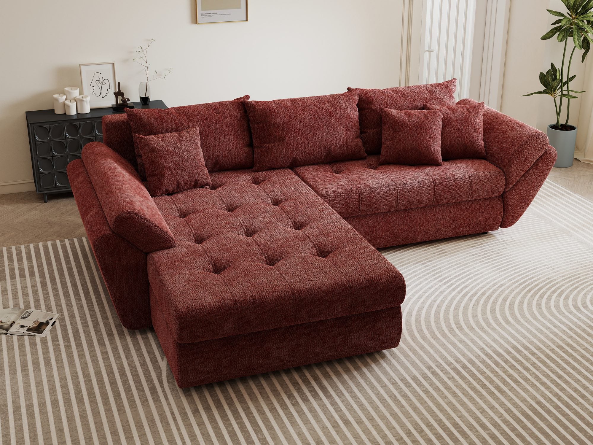 Colțar extensibil dumonde cu ladă de depozitare si sezut confortabil din spuma high-density, Loana Vibe Rosu 270x185 cm