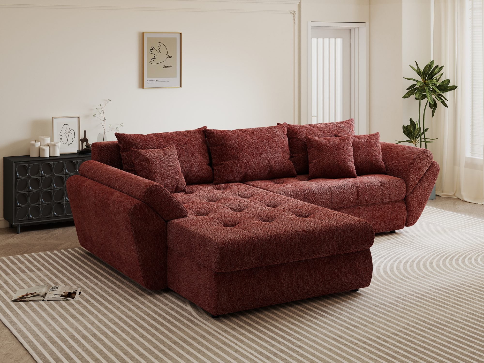 Colțar extensibil dumonde cu ladă de depozitare si sezut confortabil din spuma high-density, Loana Vibe Rosu 270x185 cm