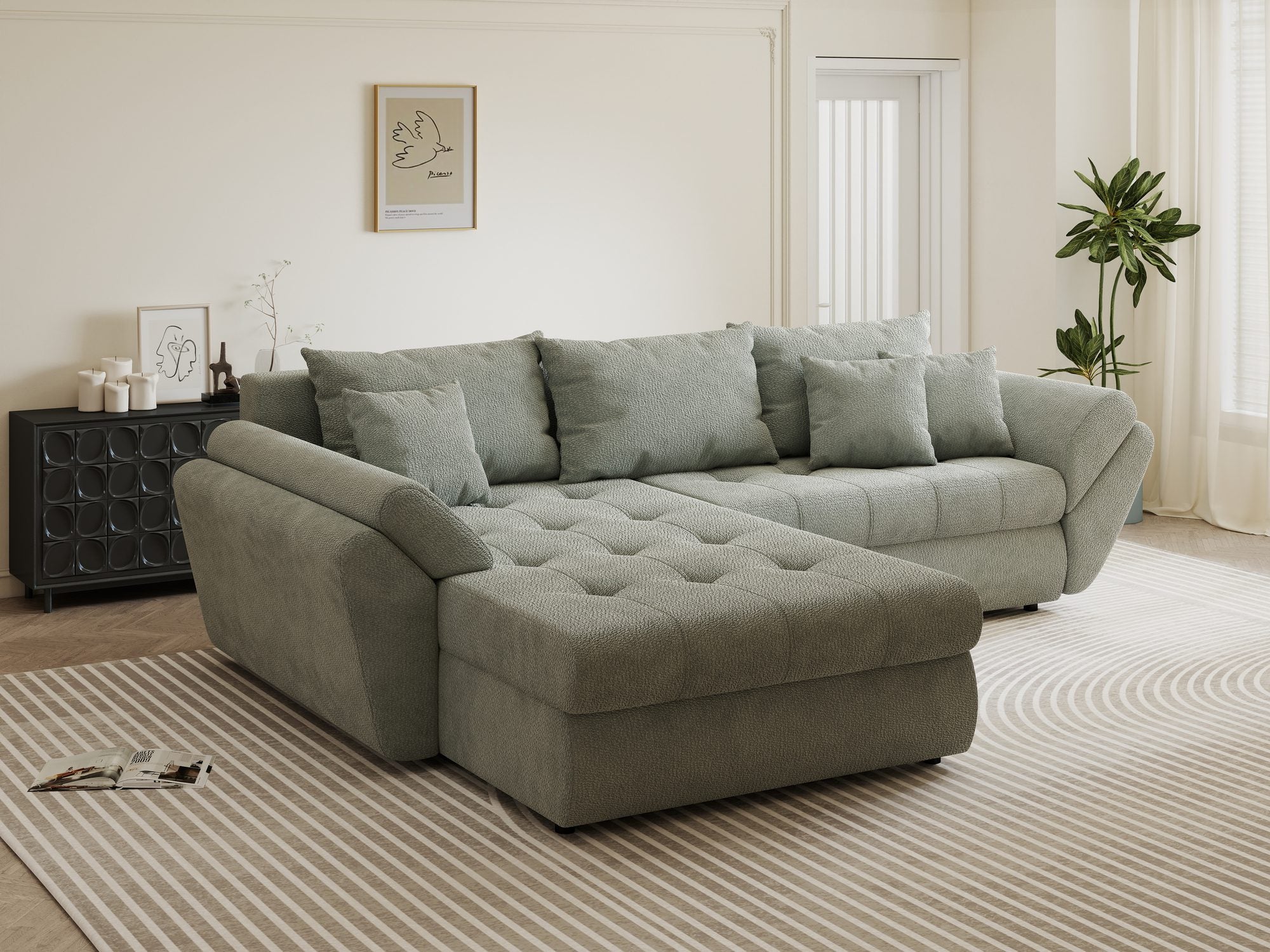 Colțar extensibil dumonde cu ladă de depozitare si sezut confortabil din spuma high-density, Loana Vibe Mint 270x185 cm