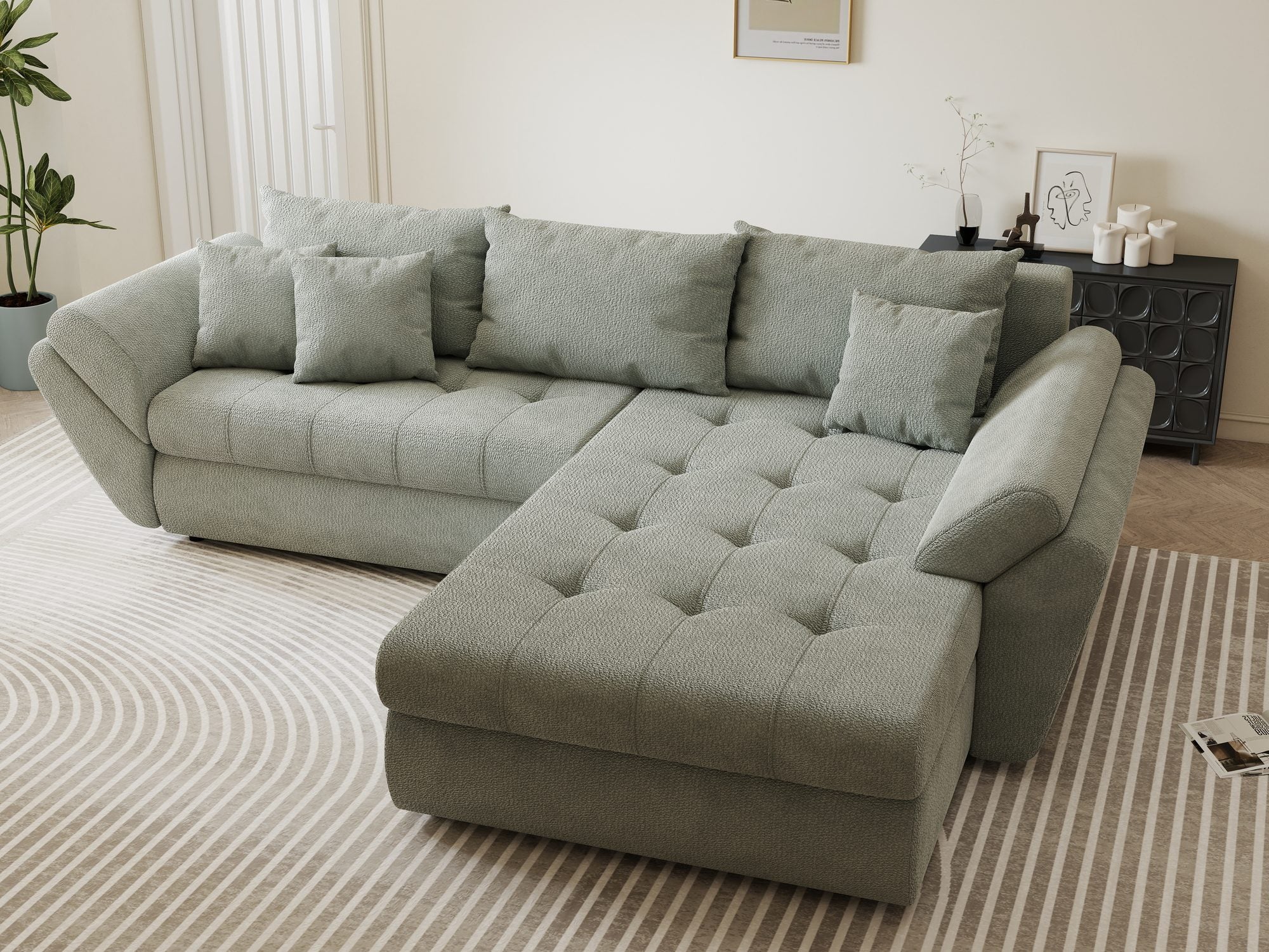 Colțar extensibil dumonde cu ladă de depozitare si sezut confortabil din spuma high-density, Loana Vibe Mint II 270x185 cm