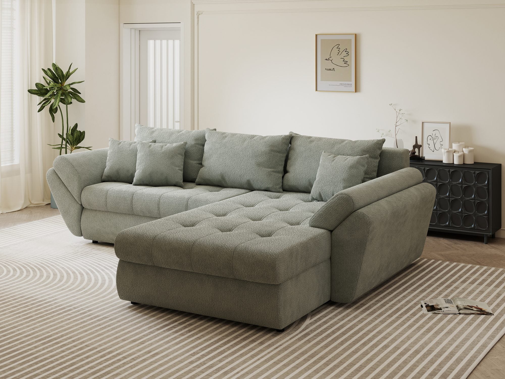 Colțar extensibil dumonde cu ladă de depozitare si sezut confortabil din spuma high-density, Loana Vibe Mint II 270x185 cm