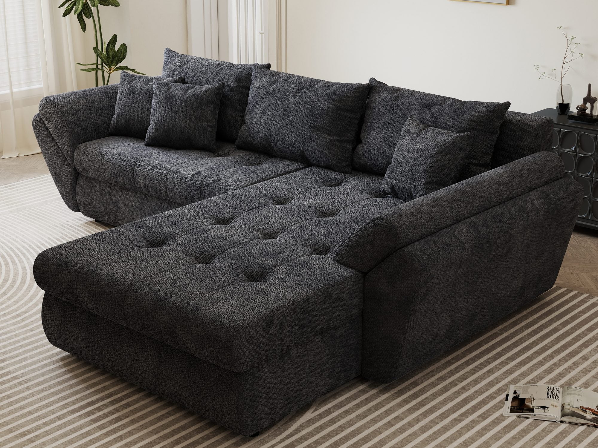 Colțar extensibil dumonde cu ladă de depozitare si sezut confortabil din spuma high-density, Loana Vibe Gri antracit II 270x185 cm