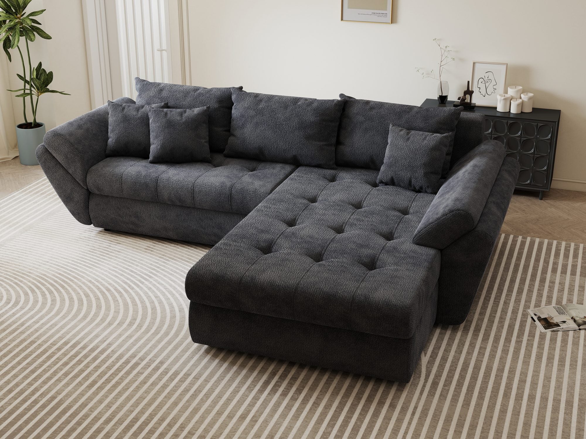 Colțar extensibil dumonde cu ladă de depozitare si sezut confortabil din spuma high-density, Loana Vibe Gri antracit II 270x185 cm