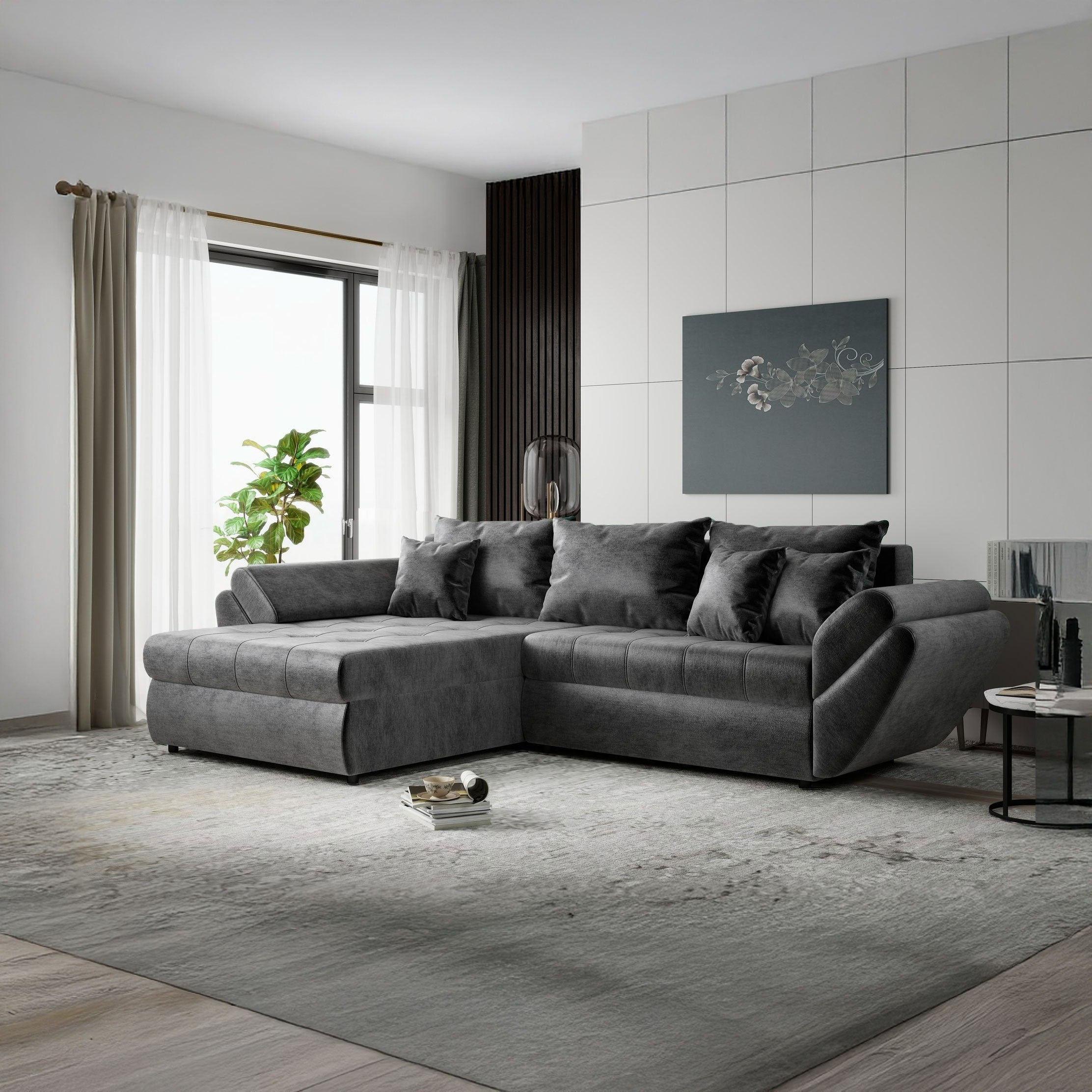 Colțar extensibil dumonde cu ladă de depozitare si sezut confortabil din spuma high-density, Loana Monolith Gri antracit 270x185 cm