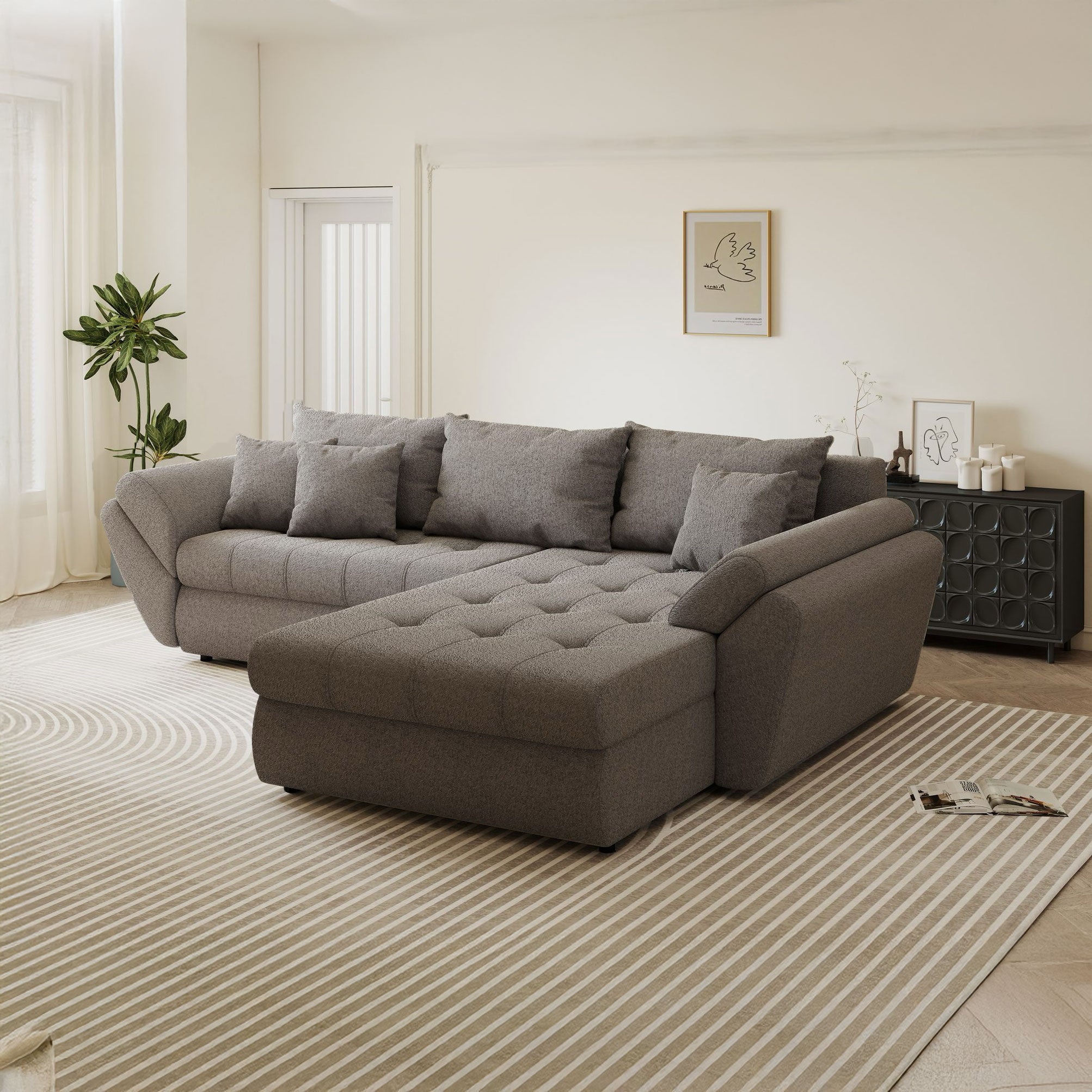 Colțar extensibil dumonde cu ladă de depozitare si sezut confortabil din spuma high-density, Loana Monte Gri II 270x185 cm