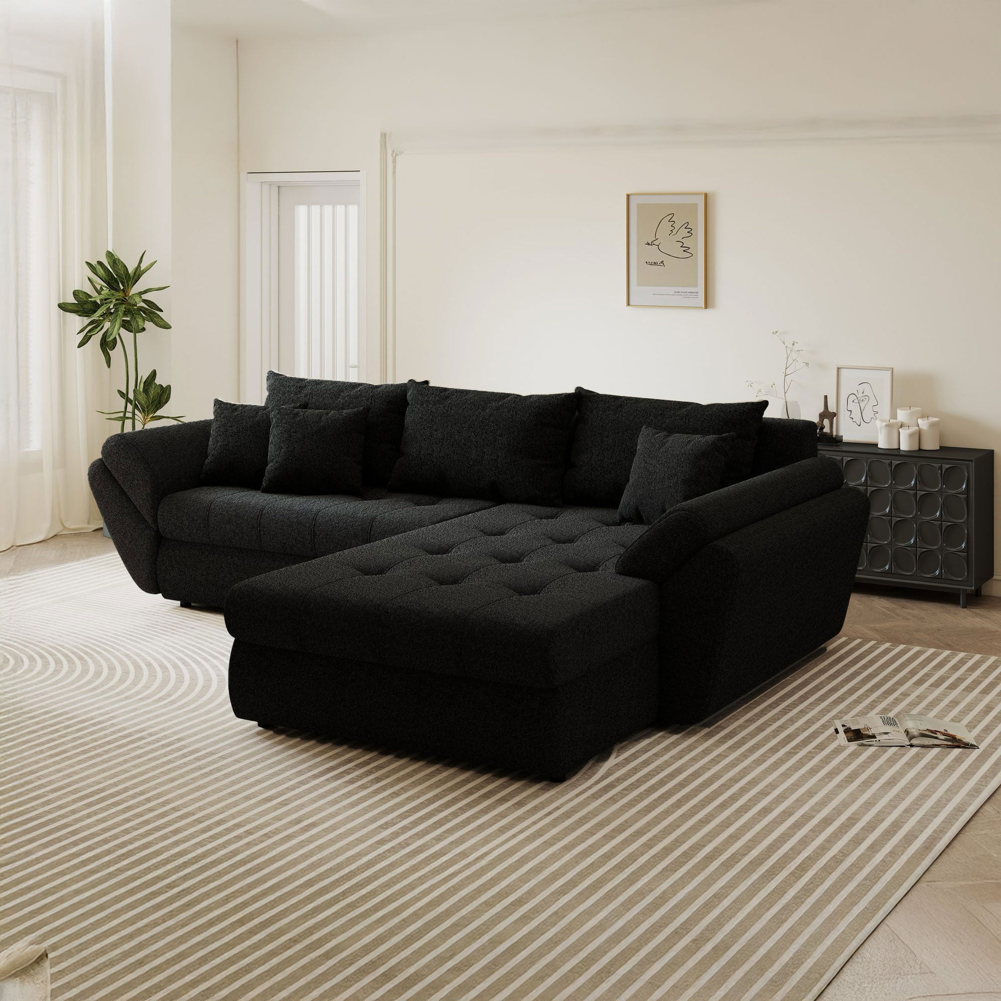 Colțar extensibil dumonde cu ladă de depozitare si sezut confortabil din spuma high-density, Loana Monte Negru II 270x185 cm