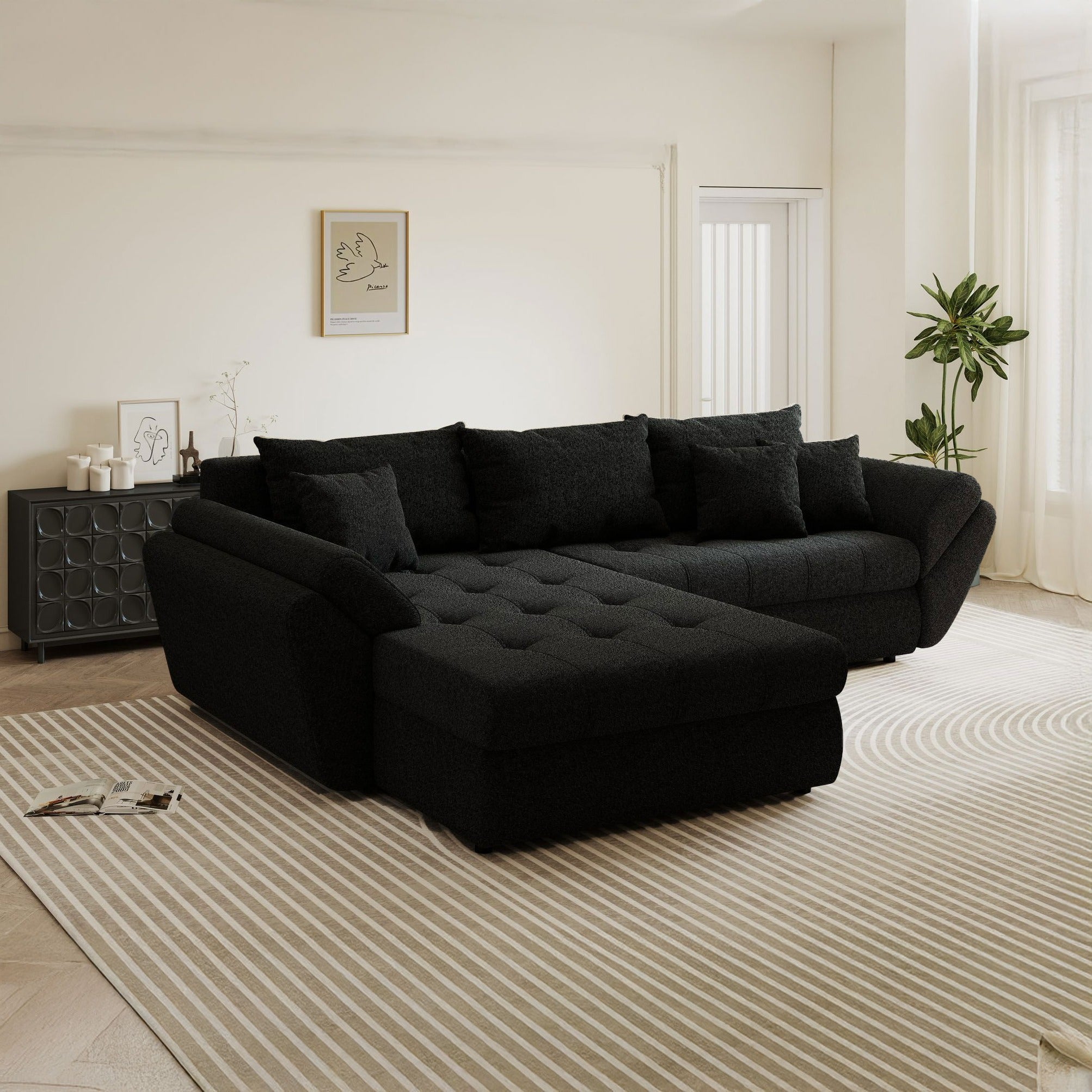 Colțar extensibil dumonde cu ladă de depozitare si sezut confortabil din spuma high-density, Loana Monte Negru 270x185 cm