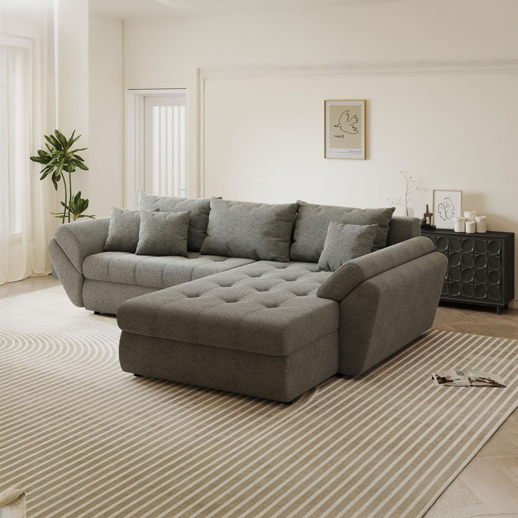 Colțar extensibil dumonde cu ladă de depozitare si sezut confortabil din spuma high-density, Loana Quelle Gri II 270x185 cm