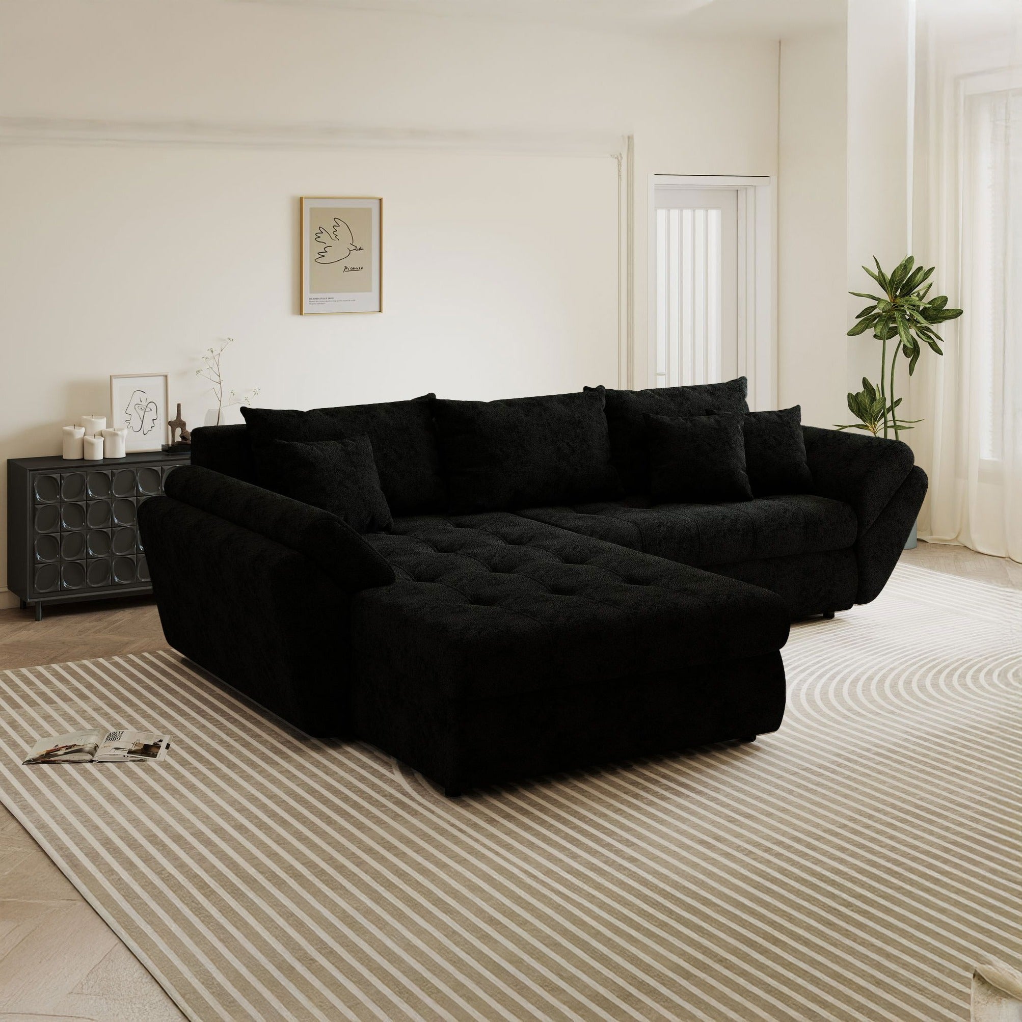 Colțar extensibil dumonde cu ladă de depozitare si sezut confortabil din spuma high-density, Loana Quelle Negru 270x185 cm