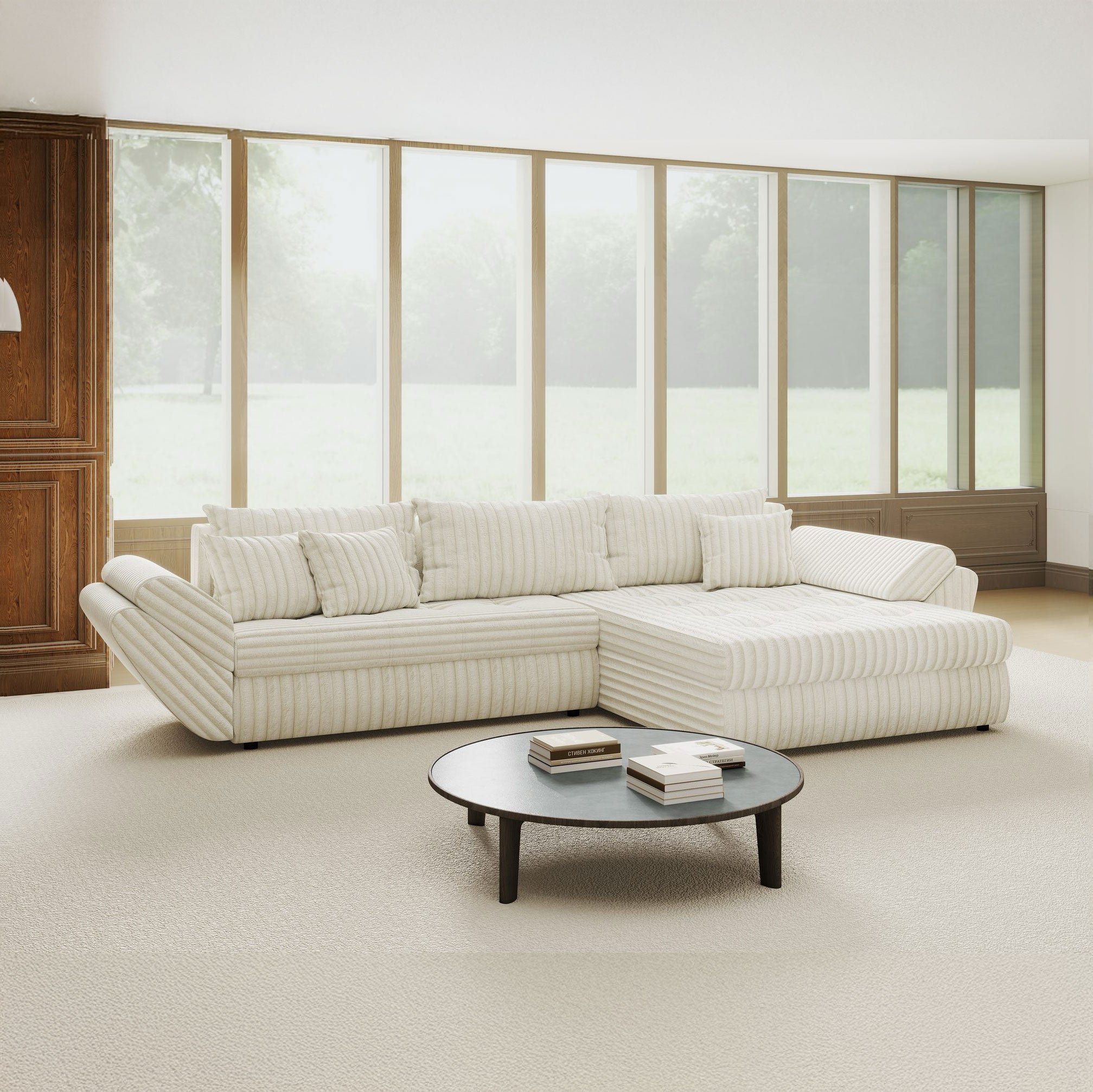 Colțar extensibil dumonde cu ladă de depozitare si sezut confortabil din spuma high-density, Loana Tilia Bej II 270x185 cm