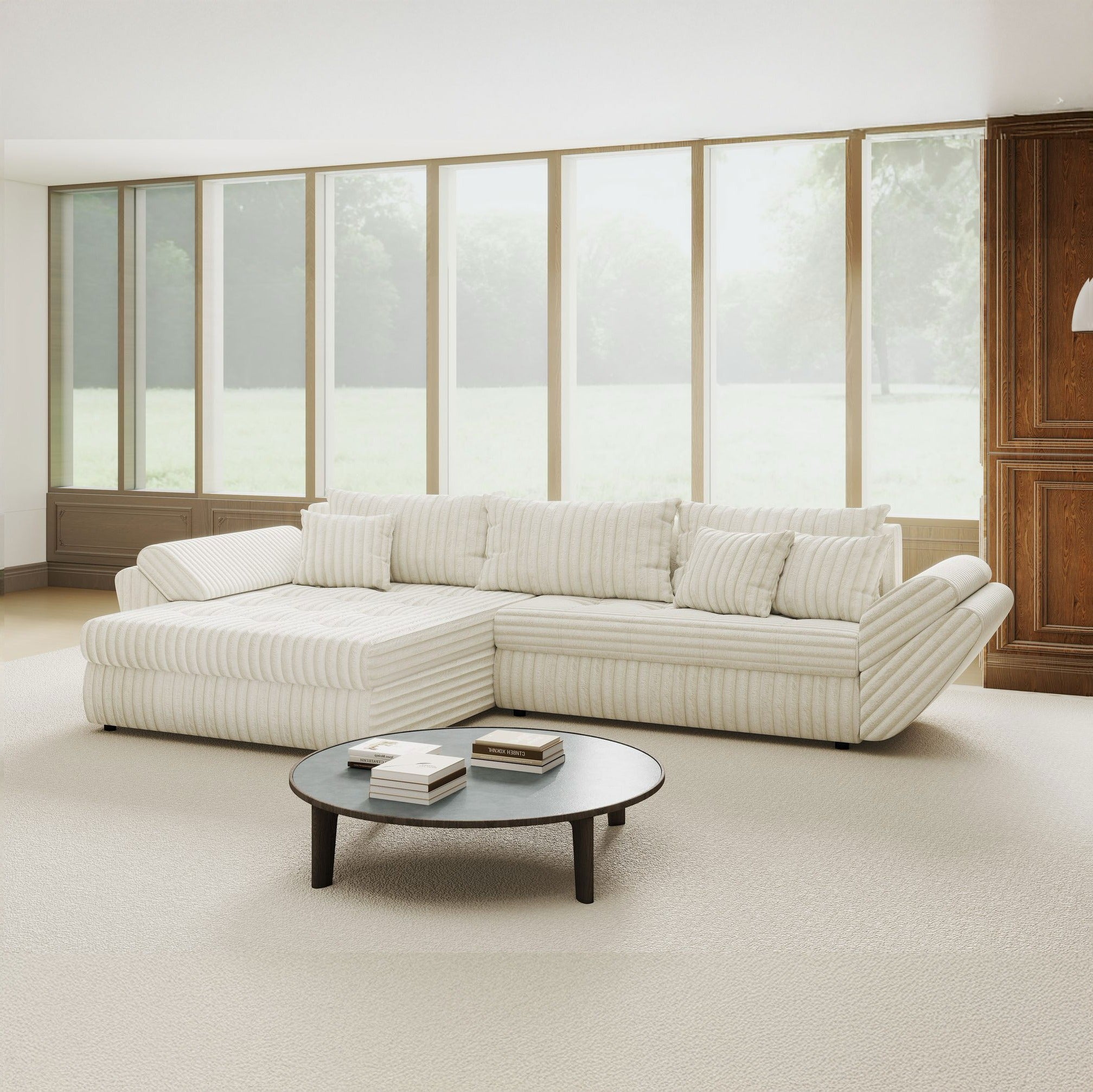 Colțar extensibil dumonde cu ladă de depozitare si sezut confortabil din spuma high-density, Loana Tilia Bej 270x185 cm