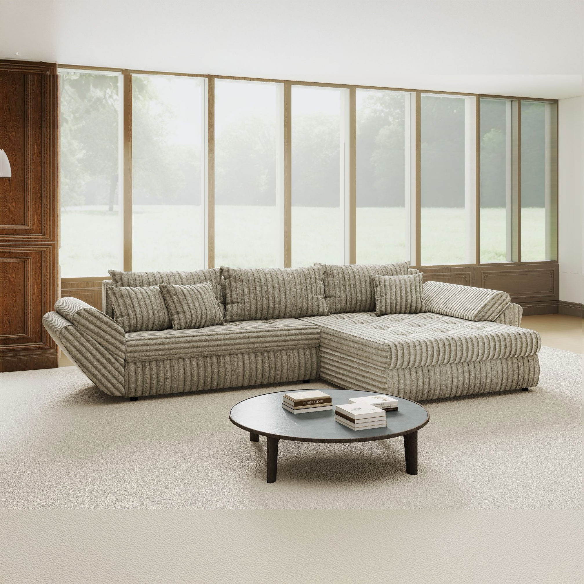 Colțar extensibil dumonde cu ladă de depozitare si sezut confortabil din spuma high-density, Loana Tilia Gri- bej II 270x185 cm