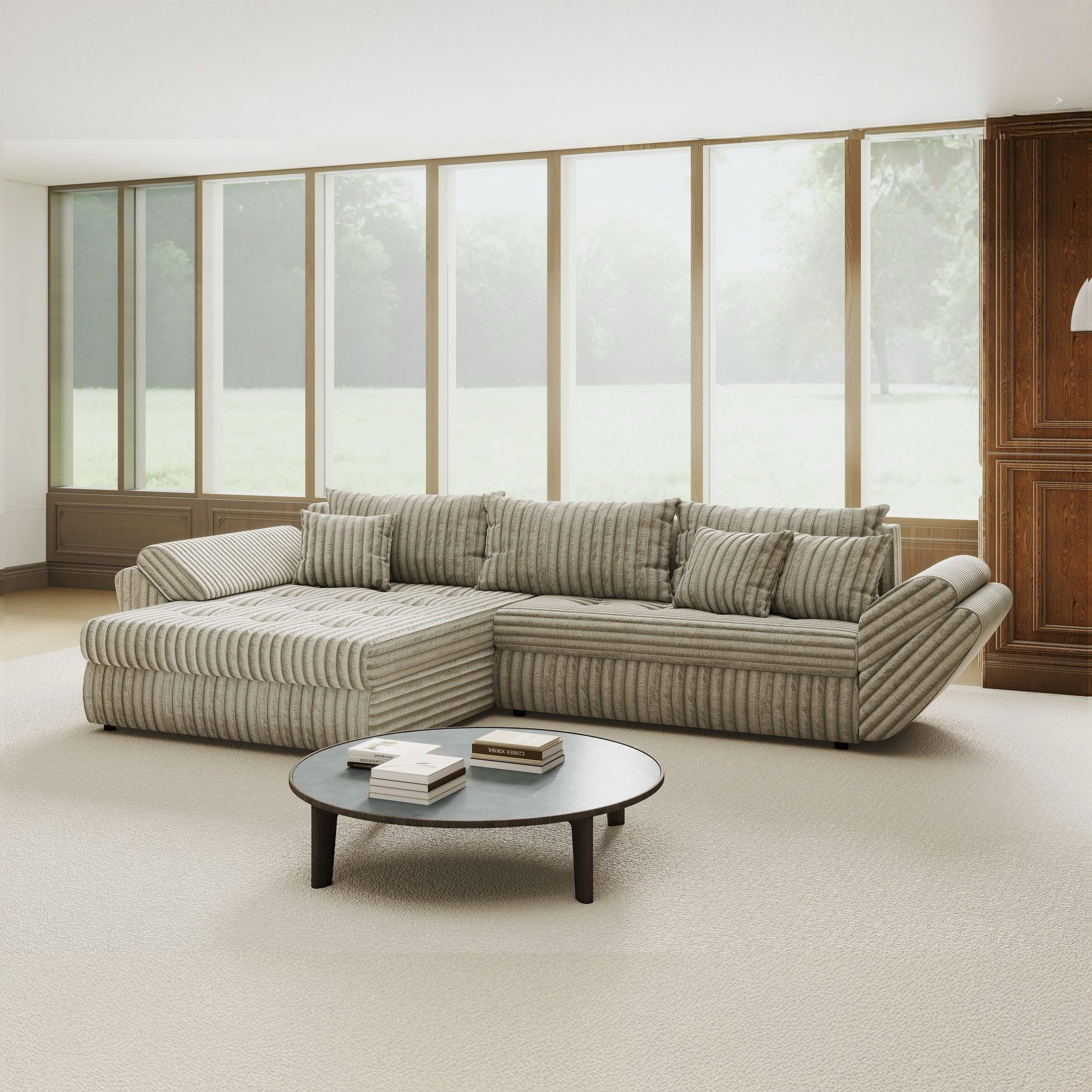 Colțar extensibil dumonde cu ladă de depozitare si sezut confortabil din spuma high-density, Loana Tilia Gri- bej 270x185 cm