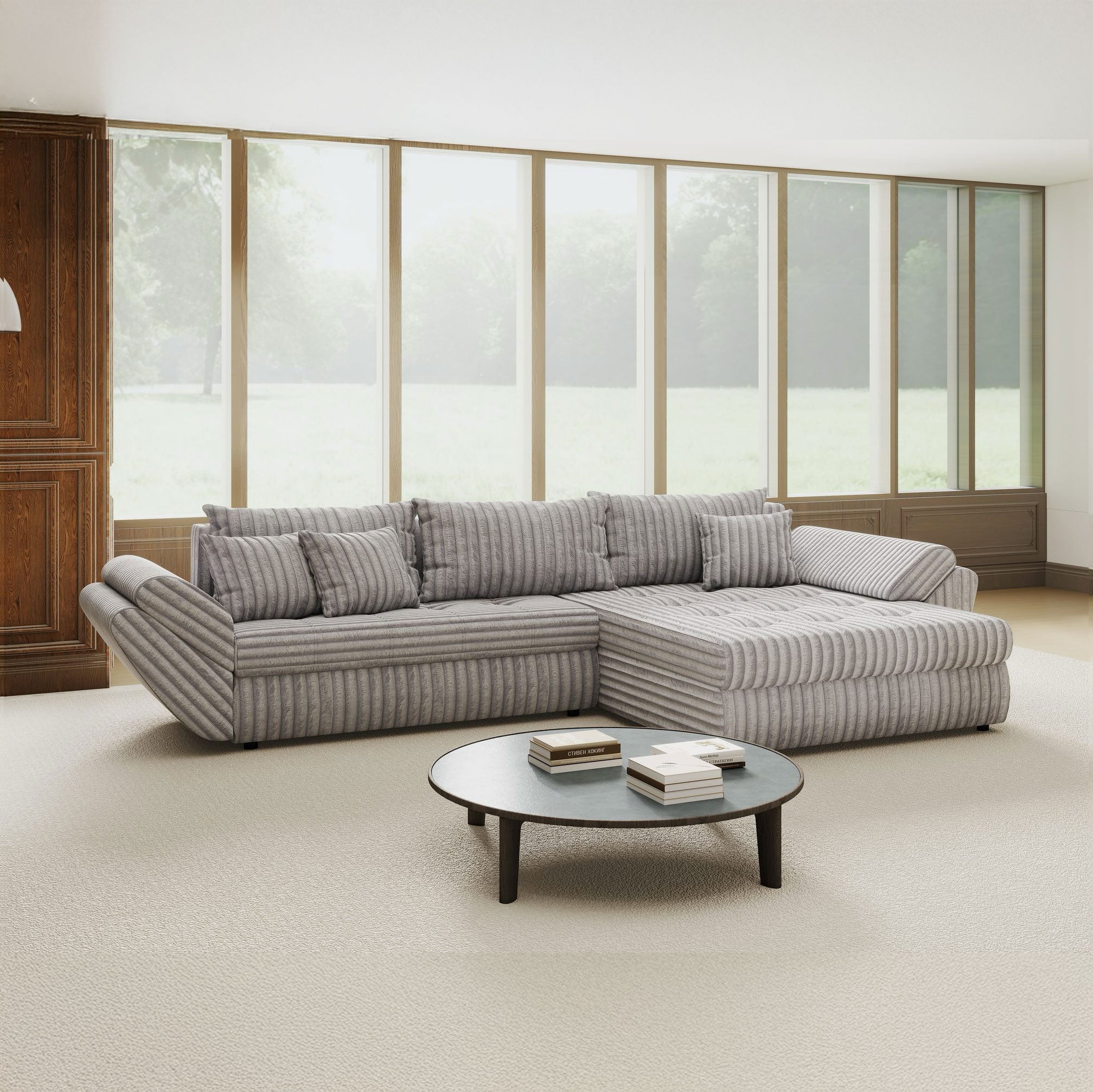 Colțar extensibil dumonde cu ladă de depozitare si sezut confortabil din spuma high-density, Loana Tilia Gri II 270x185 cm