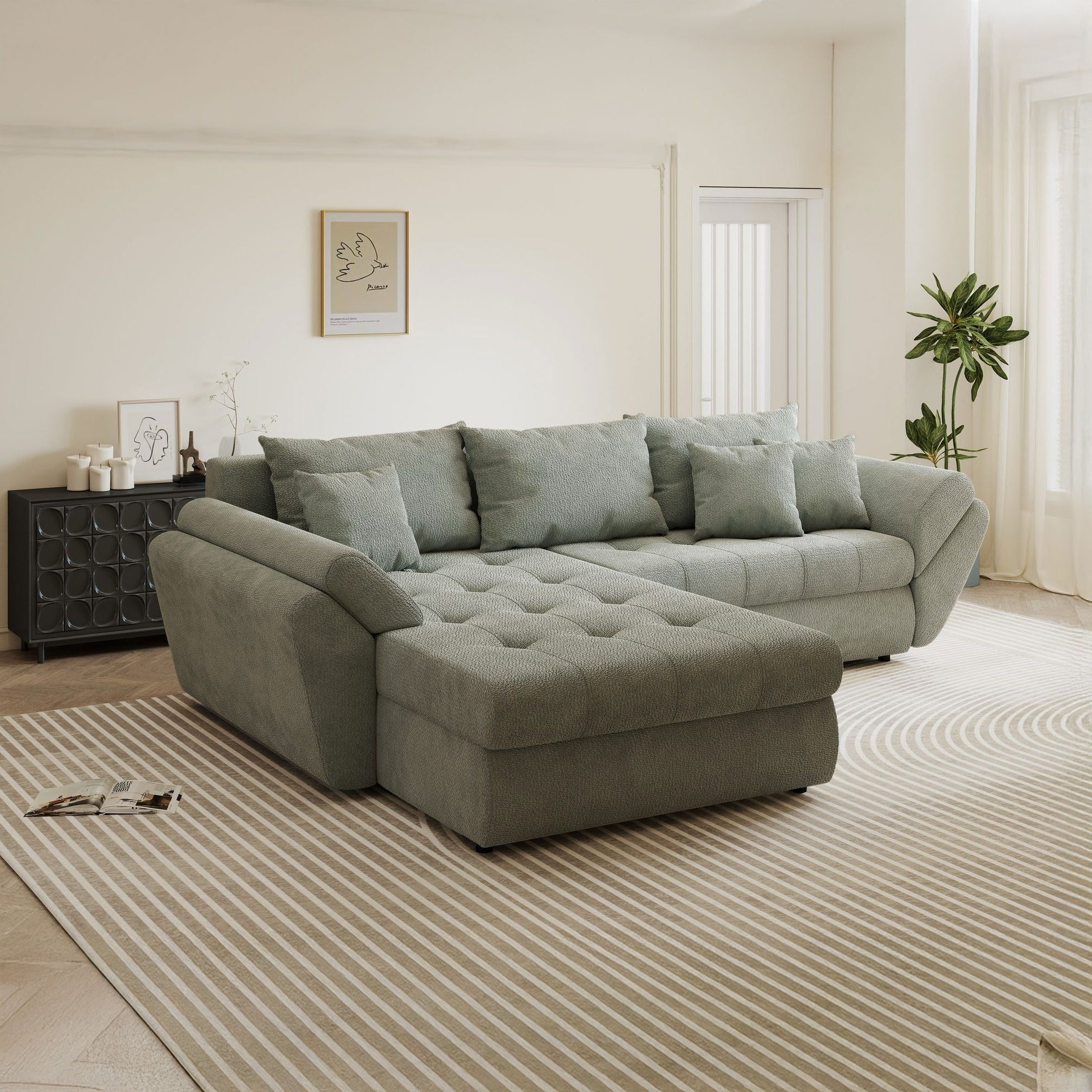 Colțar extensibil dumonde cu ladă de depozitare si sezut confortabil din spuma high-density, Loana Vibe Mint 270x185 cm