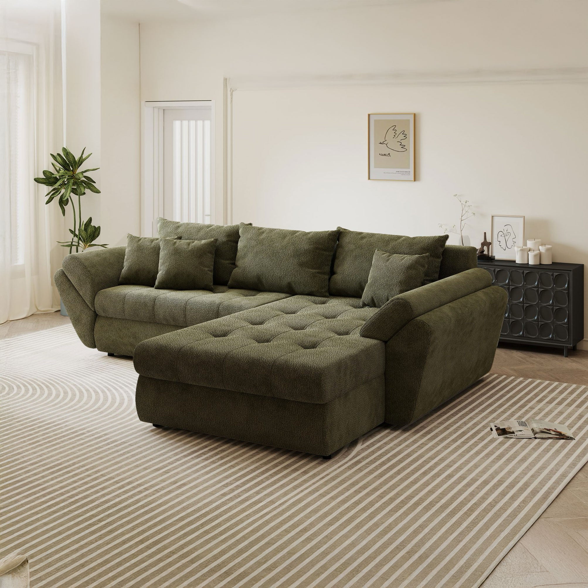 Colțar extensibil dumonde cu ladă de depozitare si sezut confortabil din spuma high-density, Loana Vibe Olive II 270x185 cm