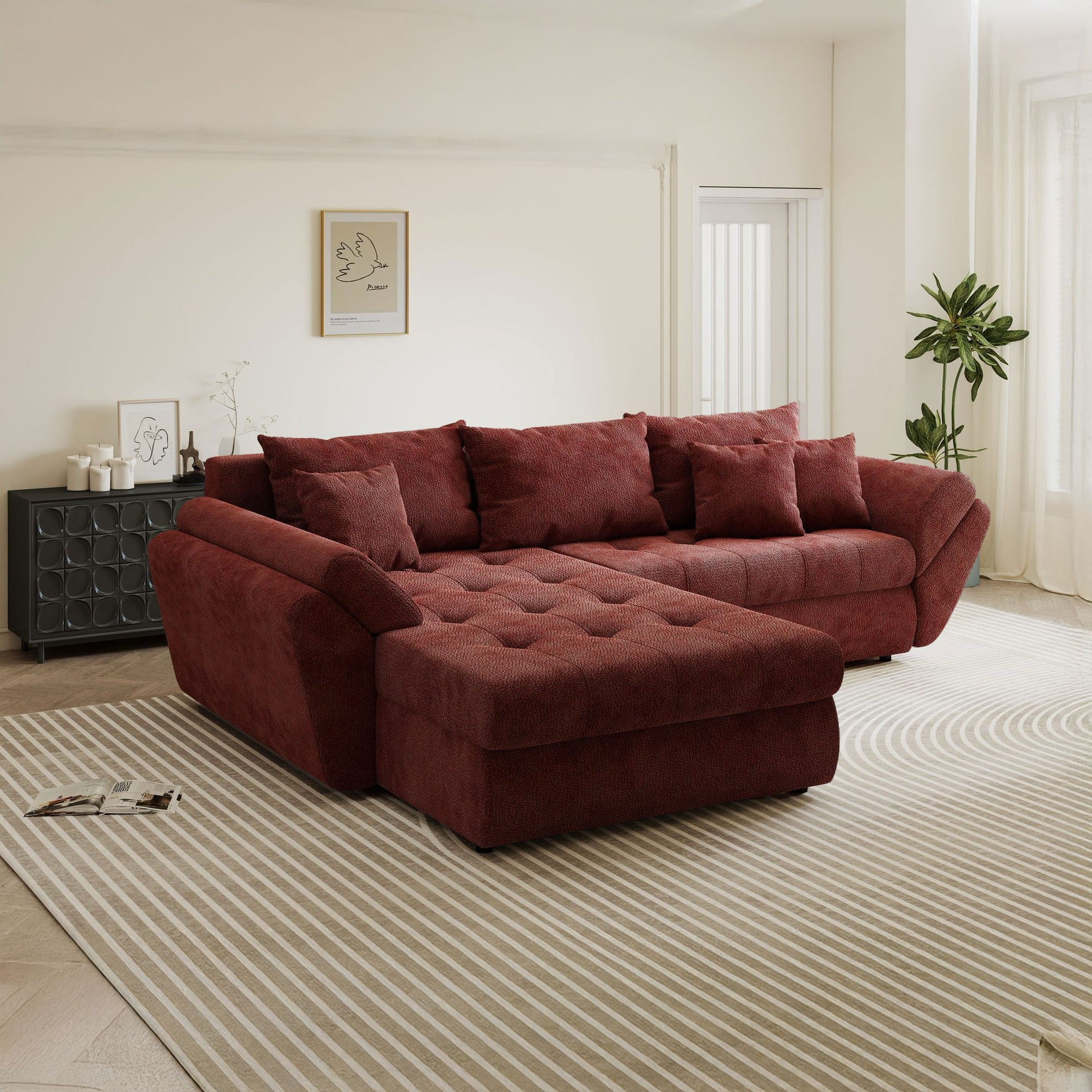 Colțar extensibil dumonde cu ladă de depozitare si sezut confortabil din spuma high-density, Loana Vibe Rosu 270x185 cm