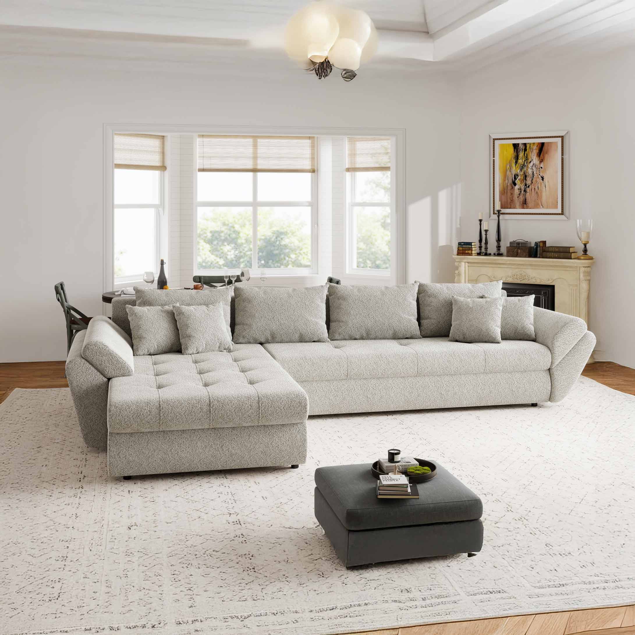 Colțar extensibil dumonde cu ladă de depozitare si sezut confortabil din spuma high-density, Loana XL Arena Bej 20 335x185 cm