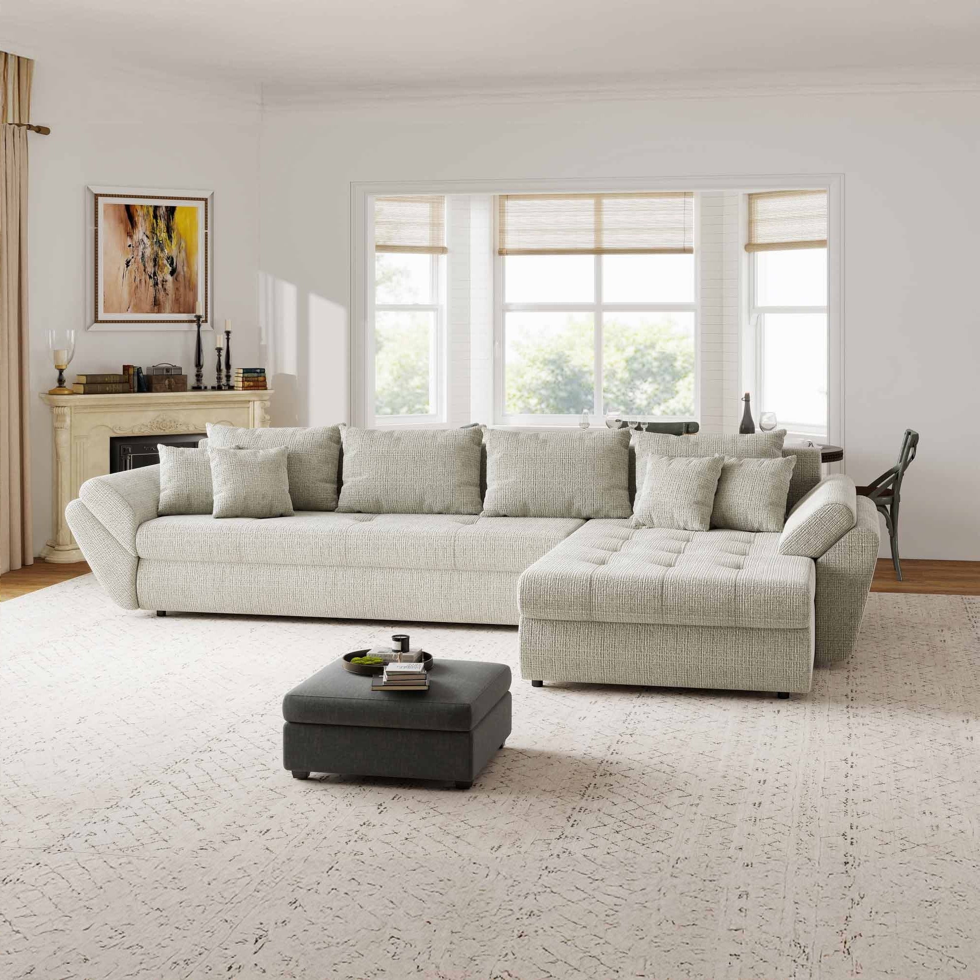 Colțar extensibil dumonde cu ladă de depozitare si sezut confortabil din spuma high-density, Loana XL Cremona Bej 04 II 335x185 cm