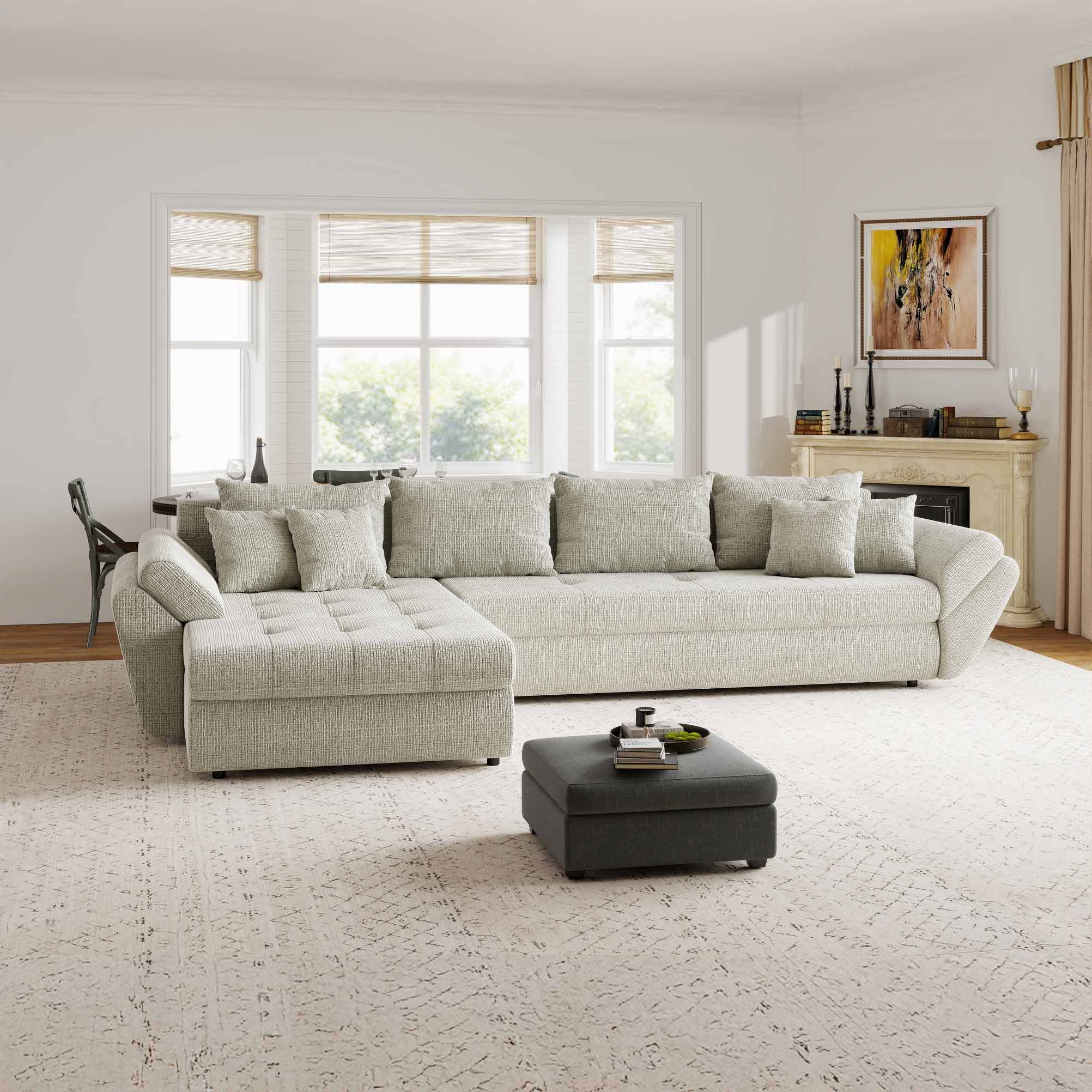 Colțar extensibil dumonde cu ladă de depozitare si sezut confortabil din spuma high-density, Loana XL Cremona Bej 04 335x185 cm