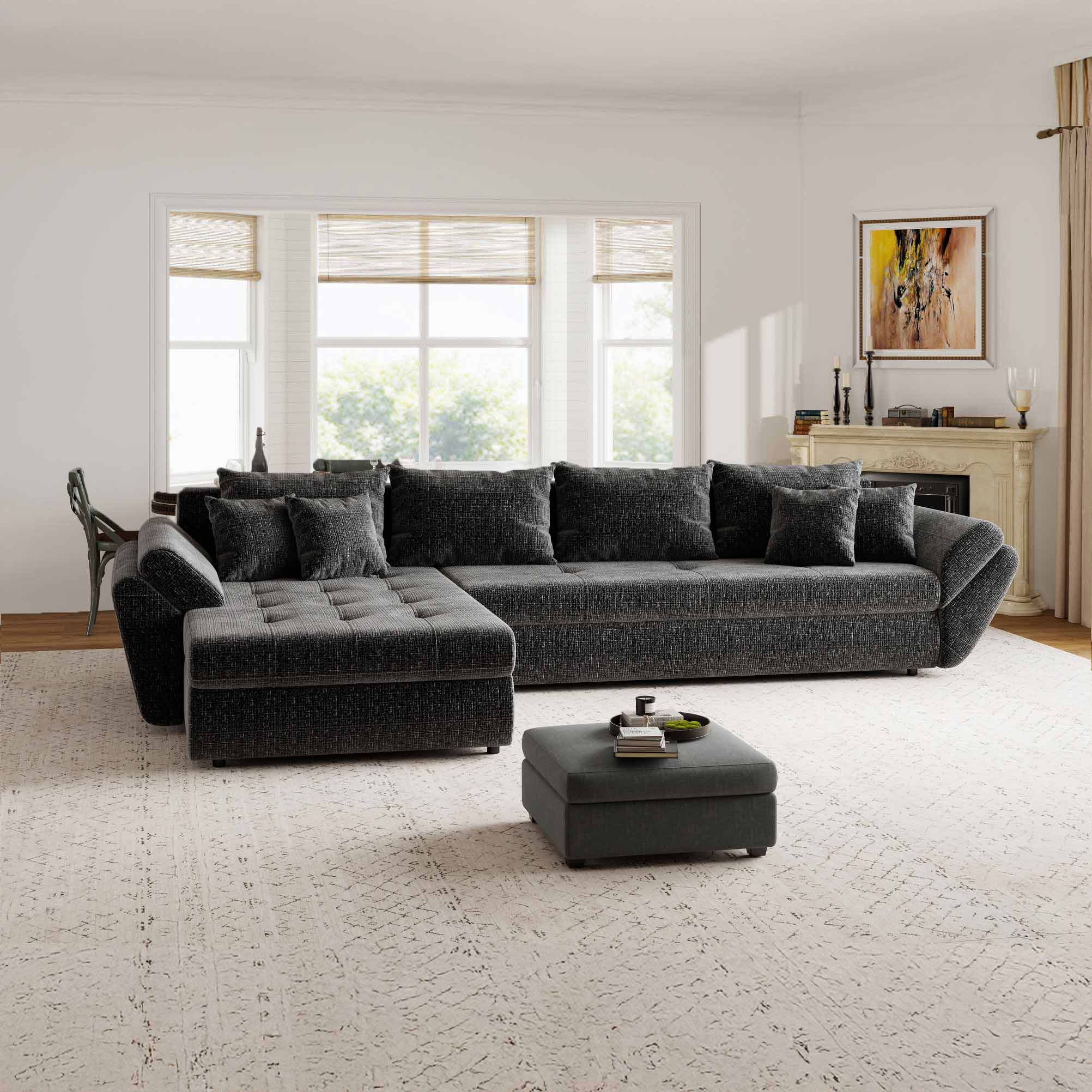 Colțar extensibil dumonde cu ladă de depozitare si sezut confortabil din spuma high-density, Loana XL Cremona Gri Antracit 335x185 cm