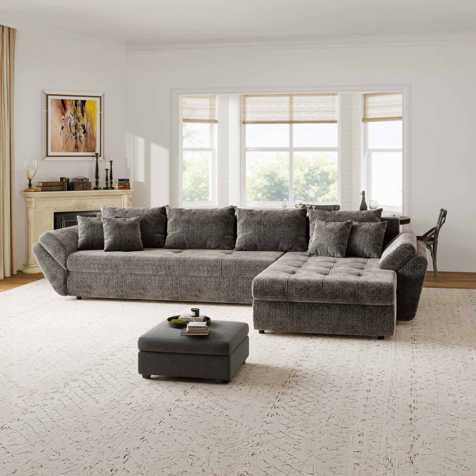 Colțar extensibil dumonde cu ladă de depozitare si sezut confortabil din spuma high-density, Loana XL Cremona Maro-bej II 335x185 cm