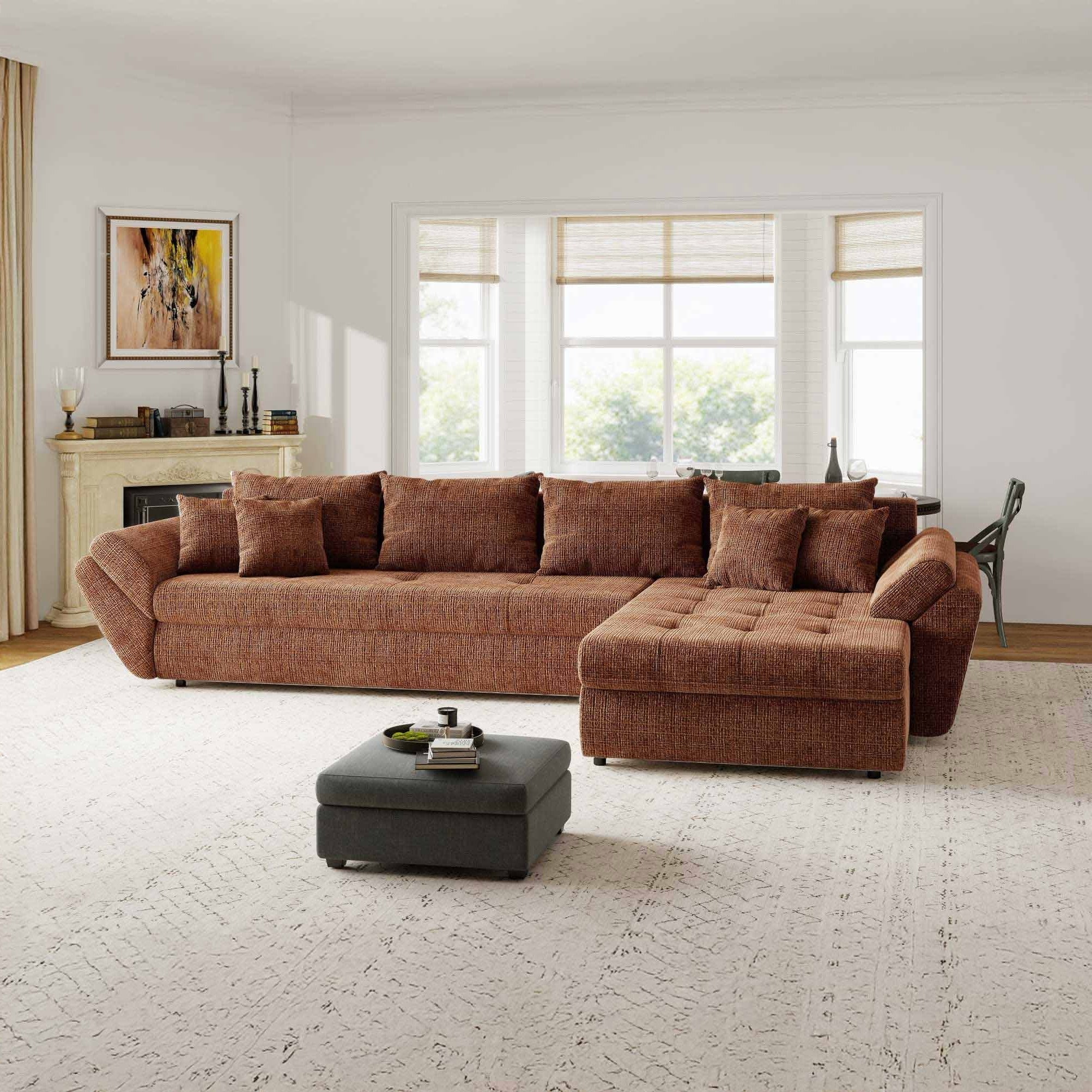 Colțar extensibil dumonde cu ladă de depozitare si sezut confortabil din spuma high-density, Loana XL Cremona Teracota II 335x185 cm