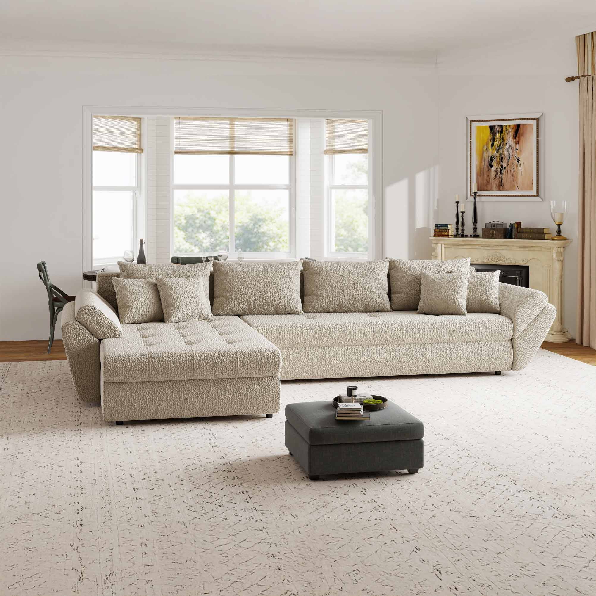Colțar extensibil dumonde cu ladă de depozitare si sezut confortabil din spuma high-density, Loana XL Jaguar Bej 335x185 cm