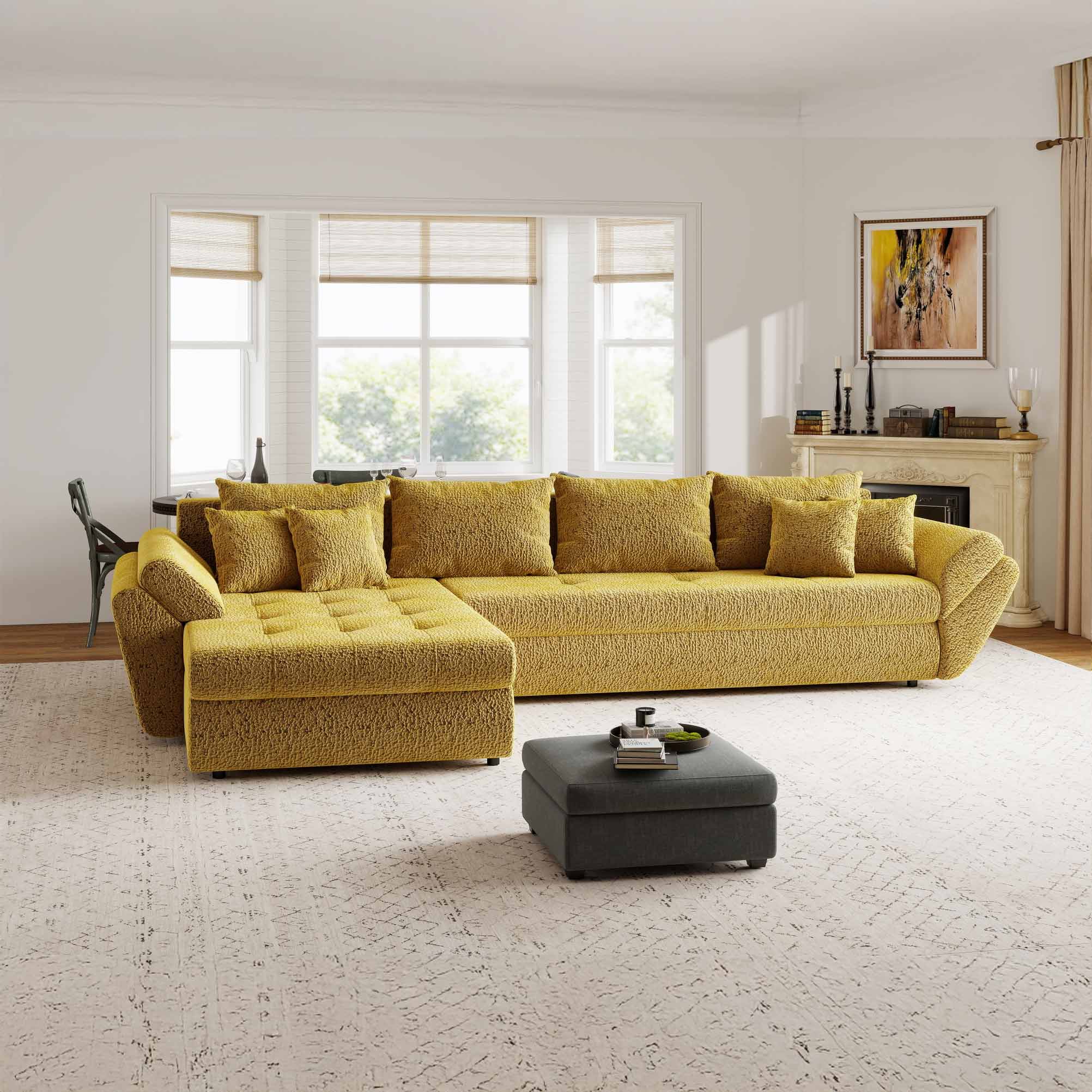 Colțar extensibil dumonde cu ladă de depozitare si sezut confortabil din spuma high-density, Loana XL Jaguar Galben Mustar 335x185 cm