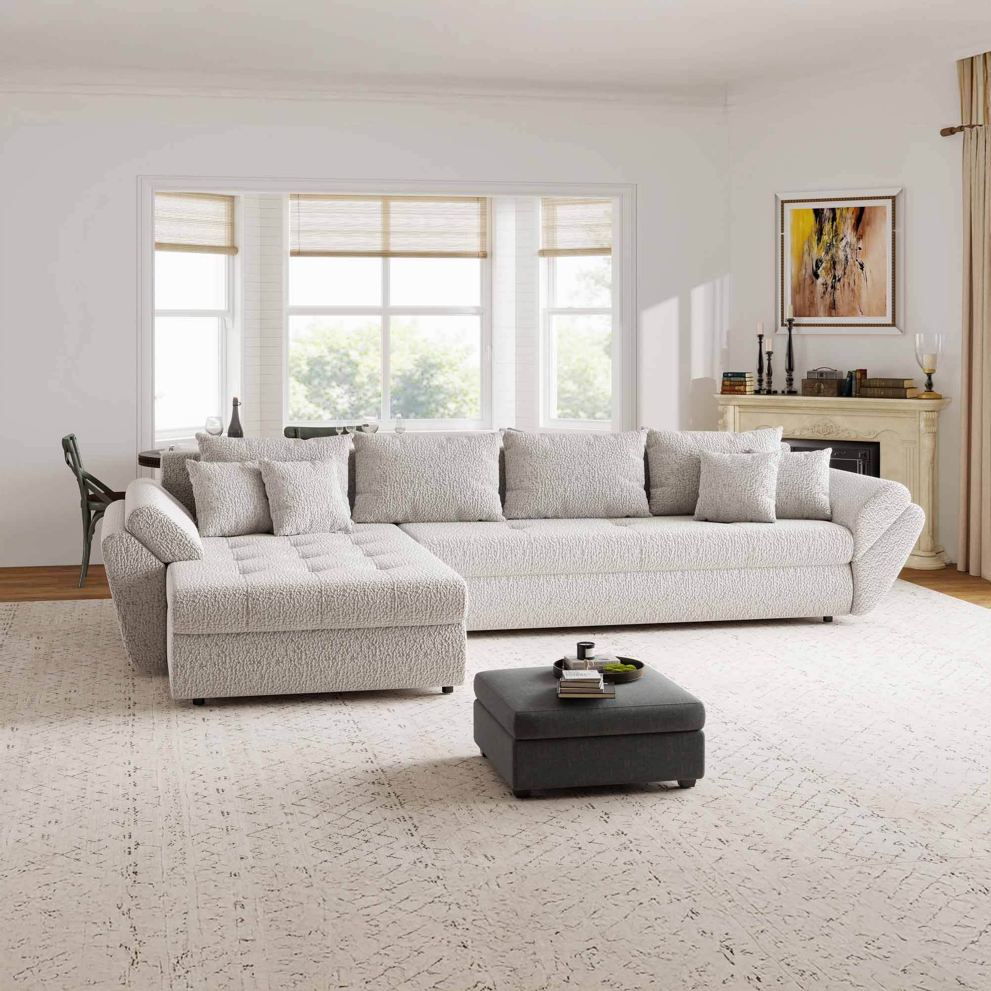 Colțar extensibil dumonde cu ladă de depozitare si sezut confortabil din spuma high-density, Loana XL Jaguar Gri 335x185 cm