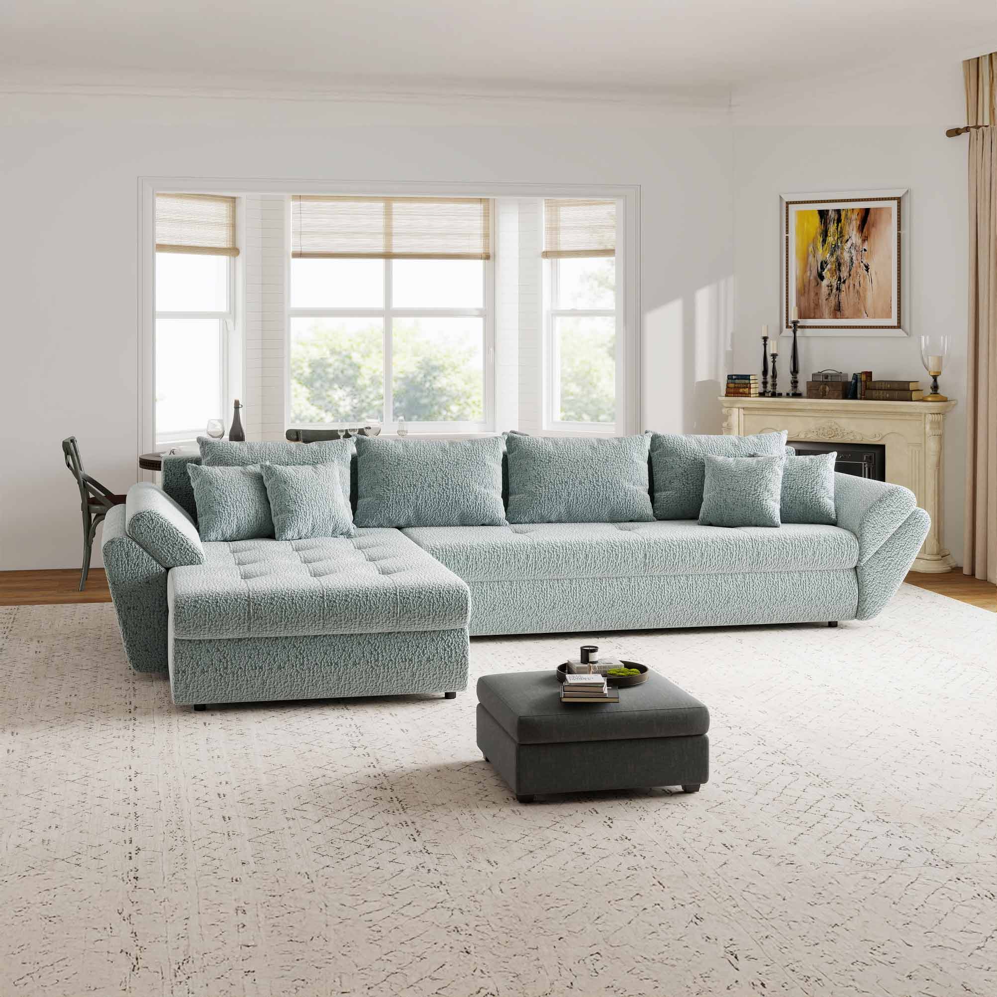 Colțar extensibil dumonde cu ladă de depozitare si sezut confortabil din spuma high-density, Loana XL Jaguar Verde Mint 335x185 cm