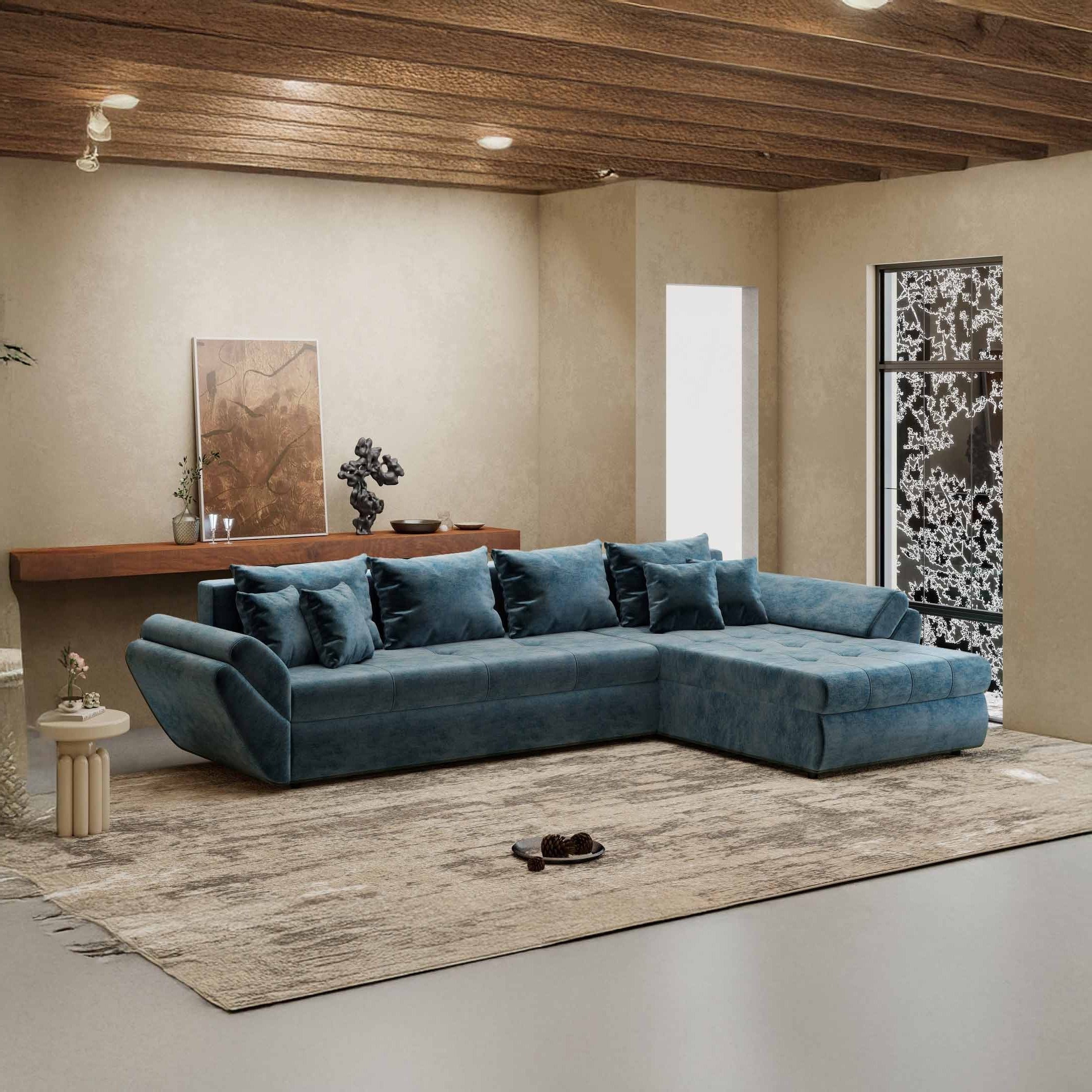Colțar extensibil dumonde cu ladă de depozitare si sezut confortabil din spuma high-density, Loana XL Monolith Albastru II 335x185 cm
