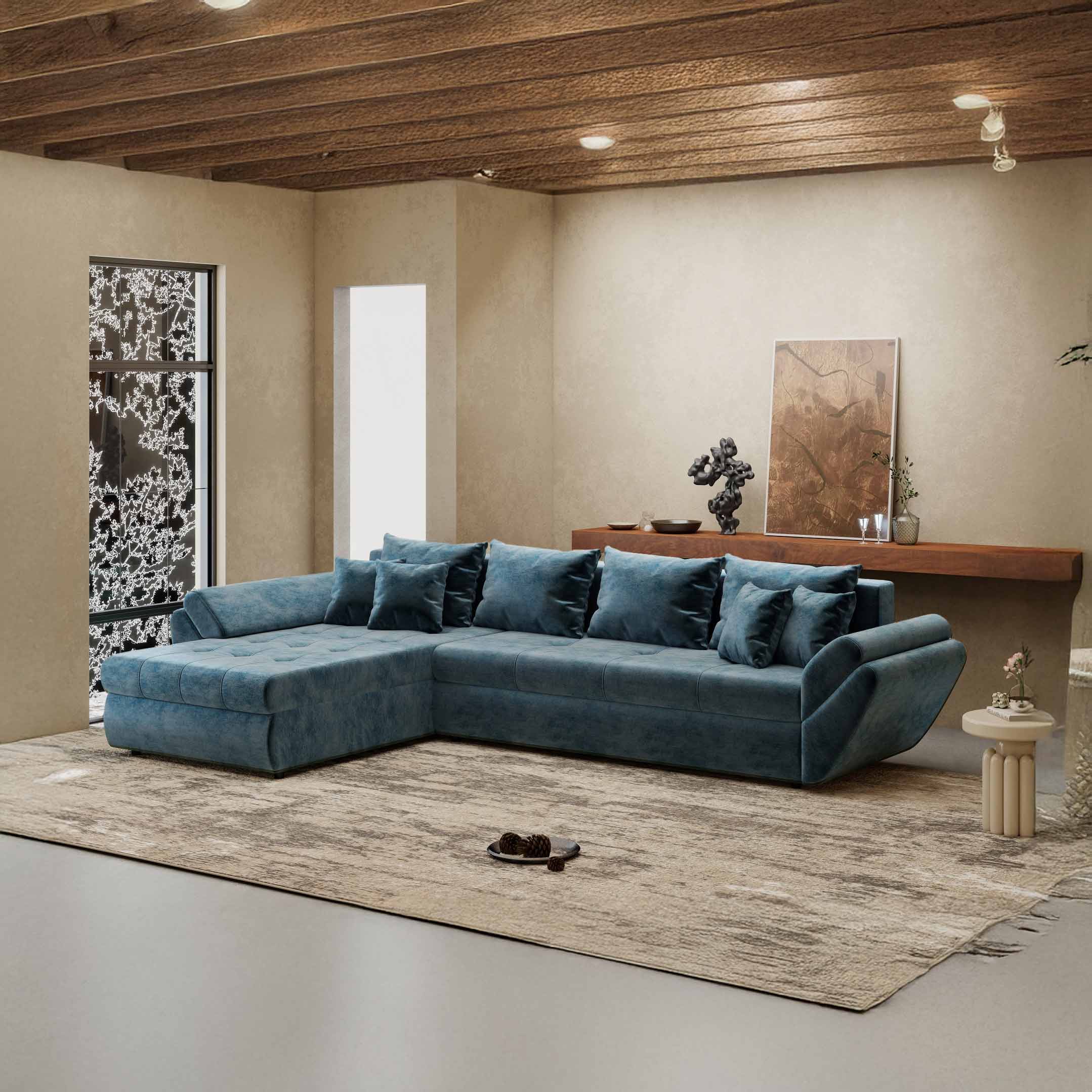 Colțar extensibil dumonde cu ladă de depozitare si sezut confortabil din spuma high-density, Loana XL Monolith Albastru 335x185 cm