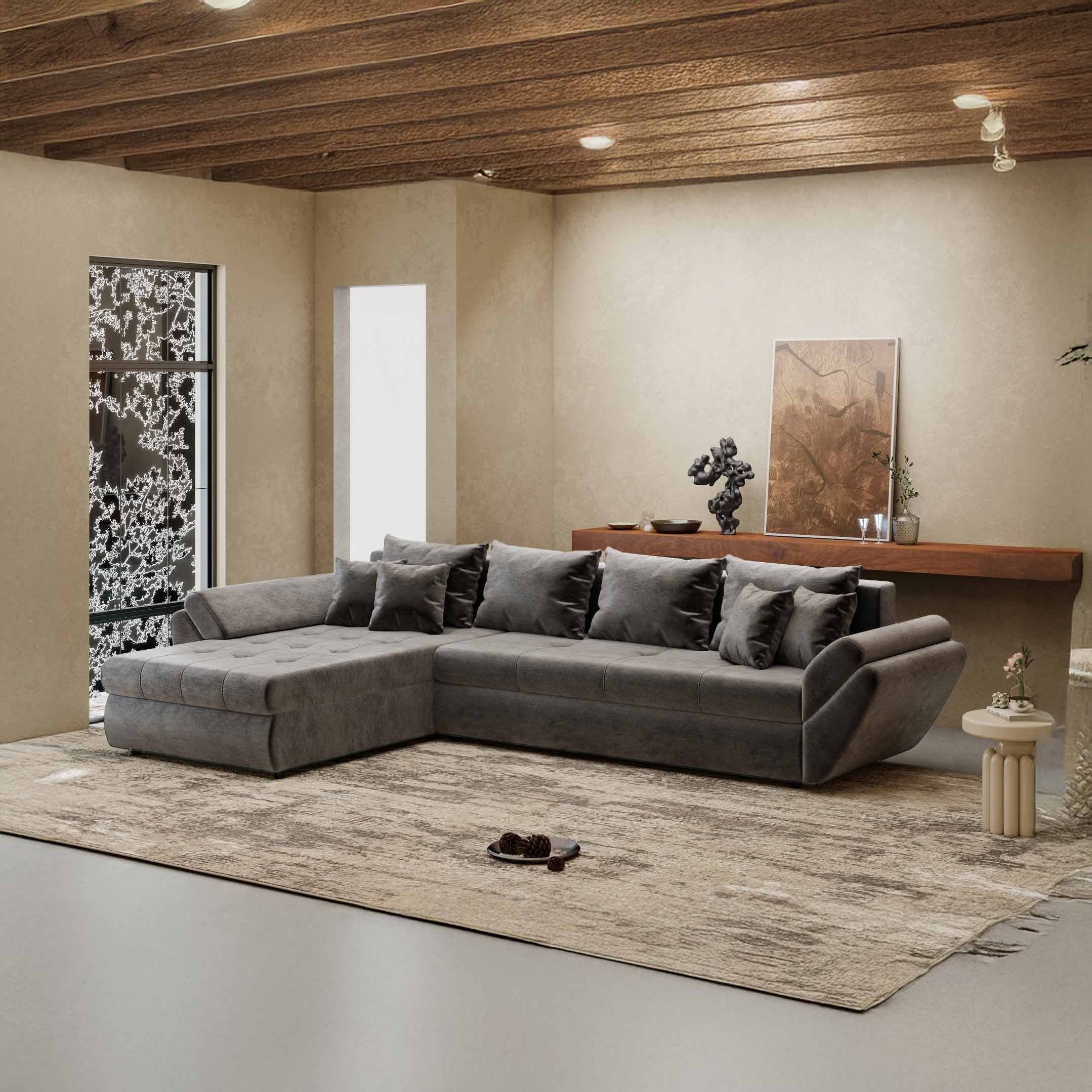 Colțar extensibil dumonde cu ladă de depozitare si sezut confortabil din spuma high-density, Loana XL Monolith Gri Antracit 335x185 cm