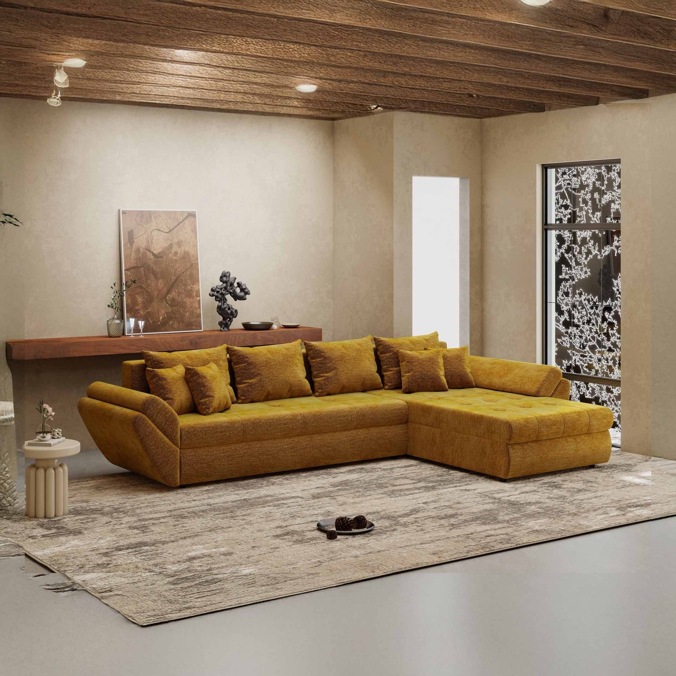 Colțar extensibil dumonde cu ladă de depozitare si sezut confortabil din spuma high-density, Loana XL Monolith Mustar II 335x185 cm