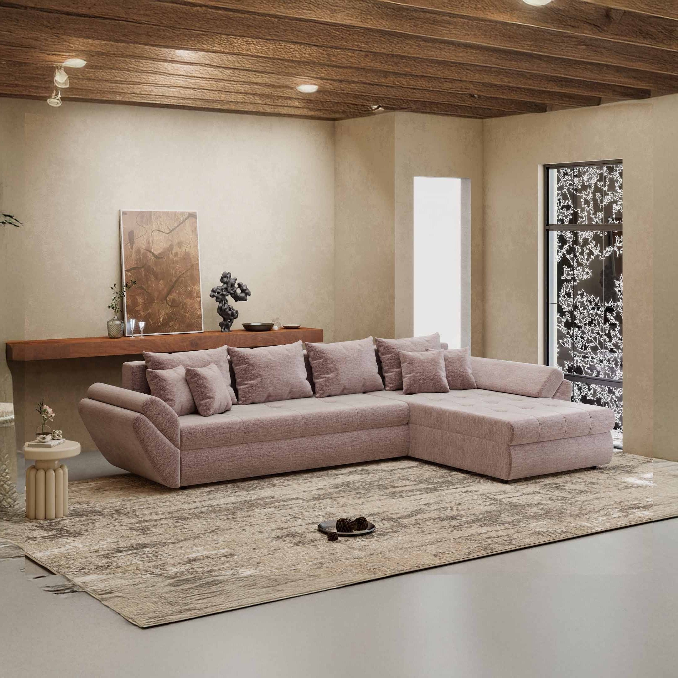 Colțar extensibil dumonde cu ladă de depozitare si sezut confortabil din spuma high-density, Loana XL Monolith Roz Pudrat II 335x185 cm
