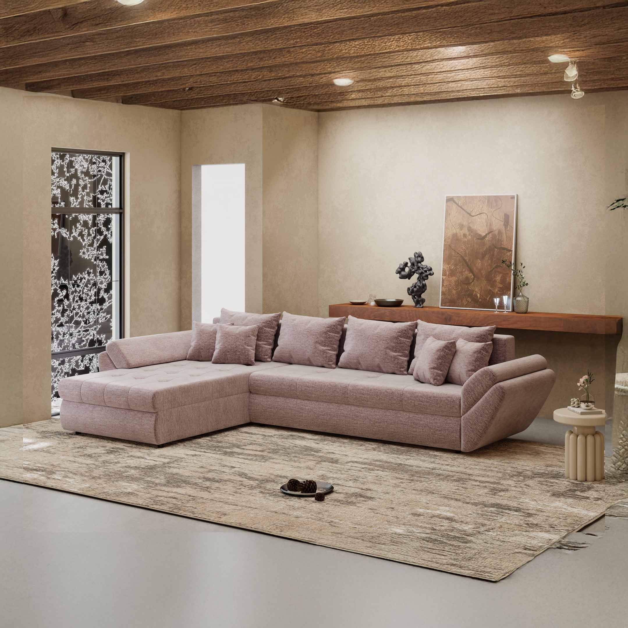 Colțar extensibil dumonde cu ladă de depozitare si sezut confortabil din spuma high-density, Loana XL Monolith Roz Pudrat 335x185 cm