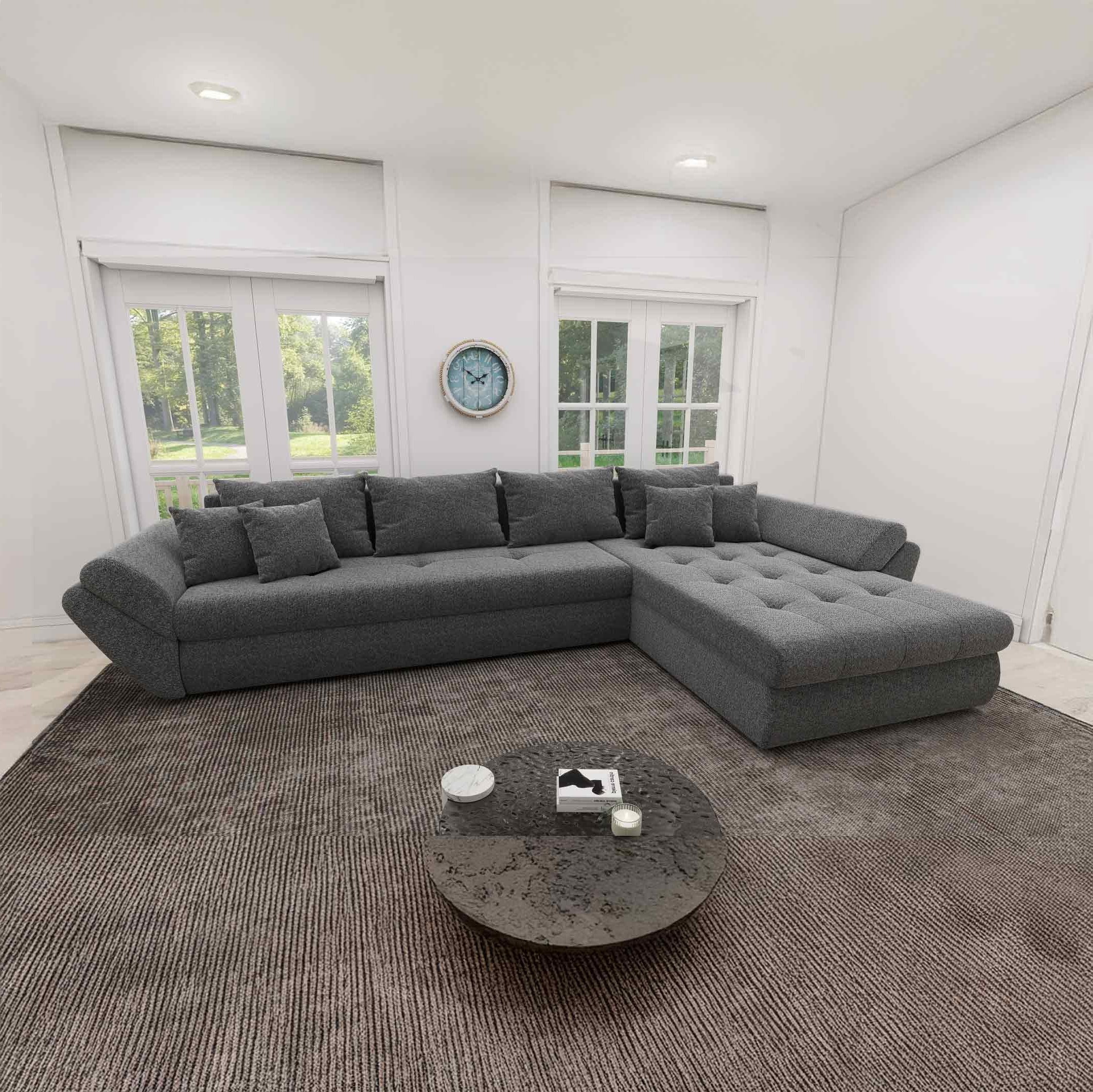 Colțar extensibil dumonde cu ladă de depozitare si sezut confortabil din spuma high-density, Loana XL Monte Gri 90 II 335x185 cm