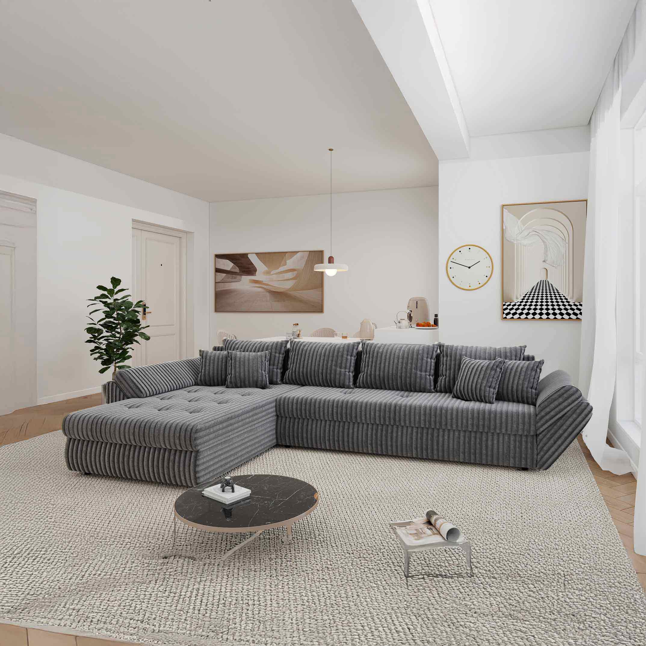 Colțar extensibil dumonde cu ladă de depozitare si sezut confortabil din spuma high-density, Loana XL Tilia Gri 90 335x185 cm